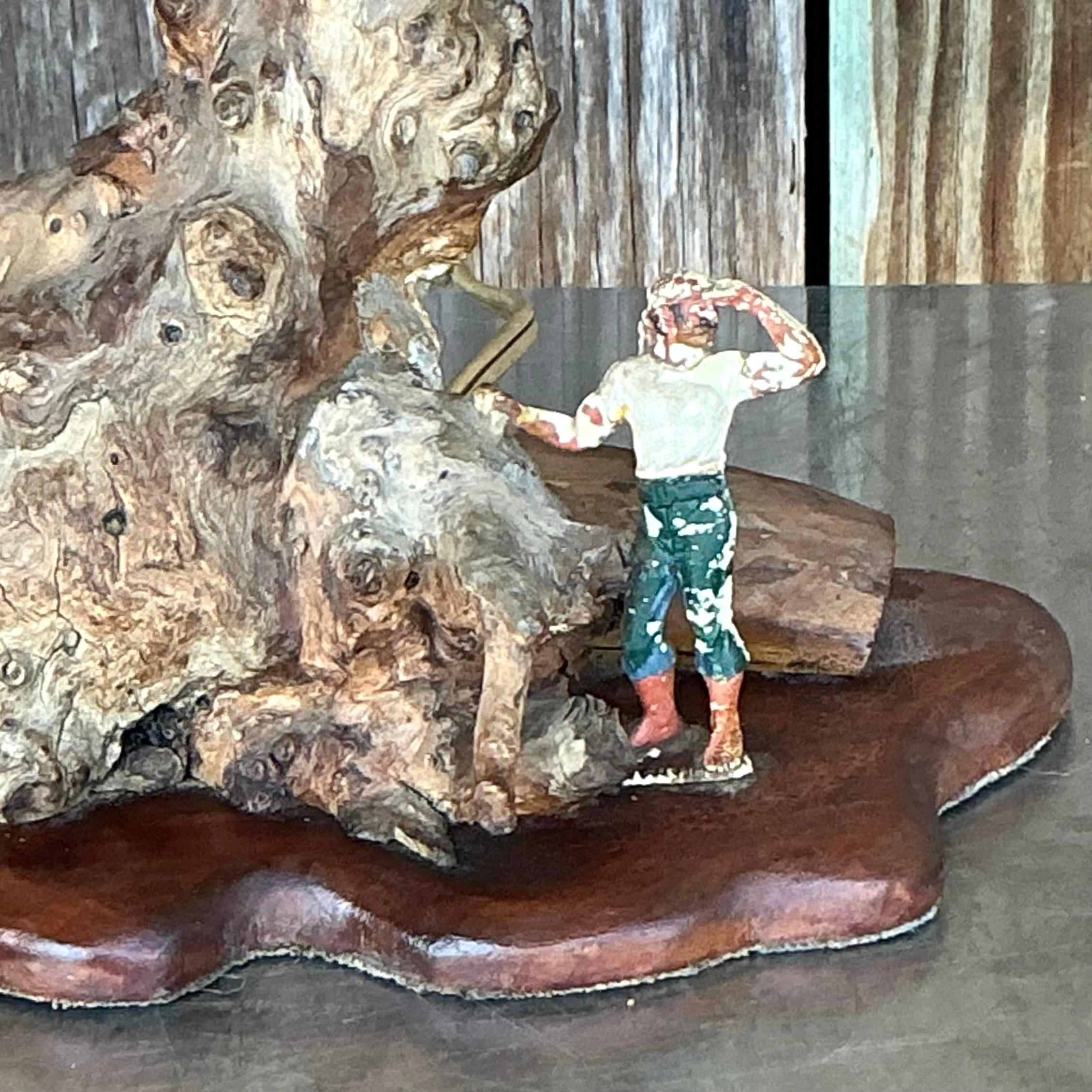 Organique Lampe vintage en bois flotté du milieu du 20e siècle avec abat-jour scénique en vente