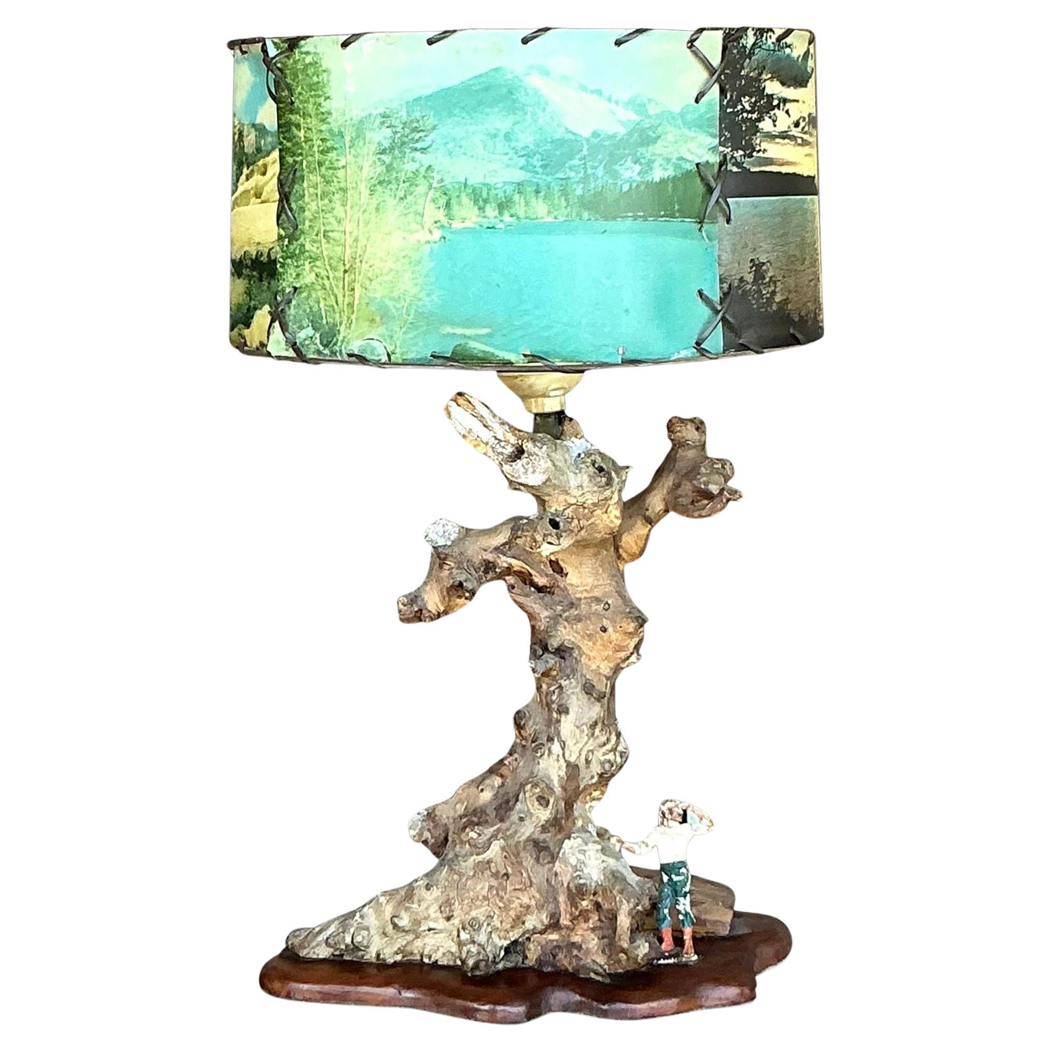 Vintage Mid 20th Century Driftwood Lamp With Scenic Shade