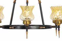 Vintage Mid-20th Century French Iron and Brass Ring Chandelier with 6 Torches