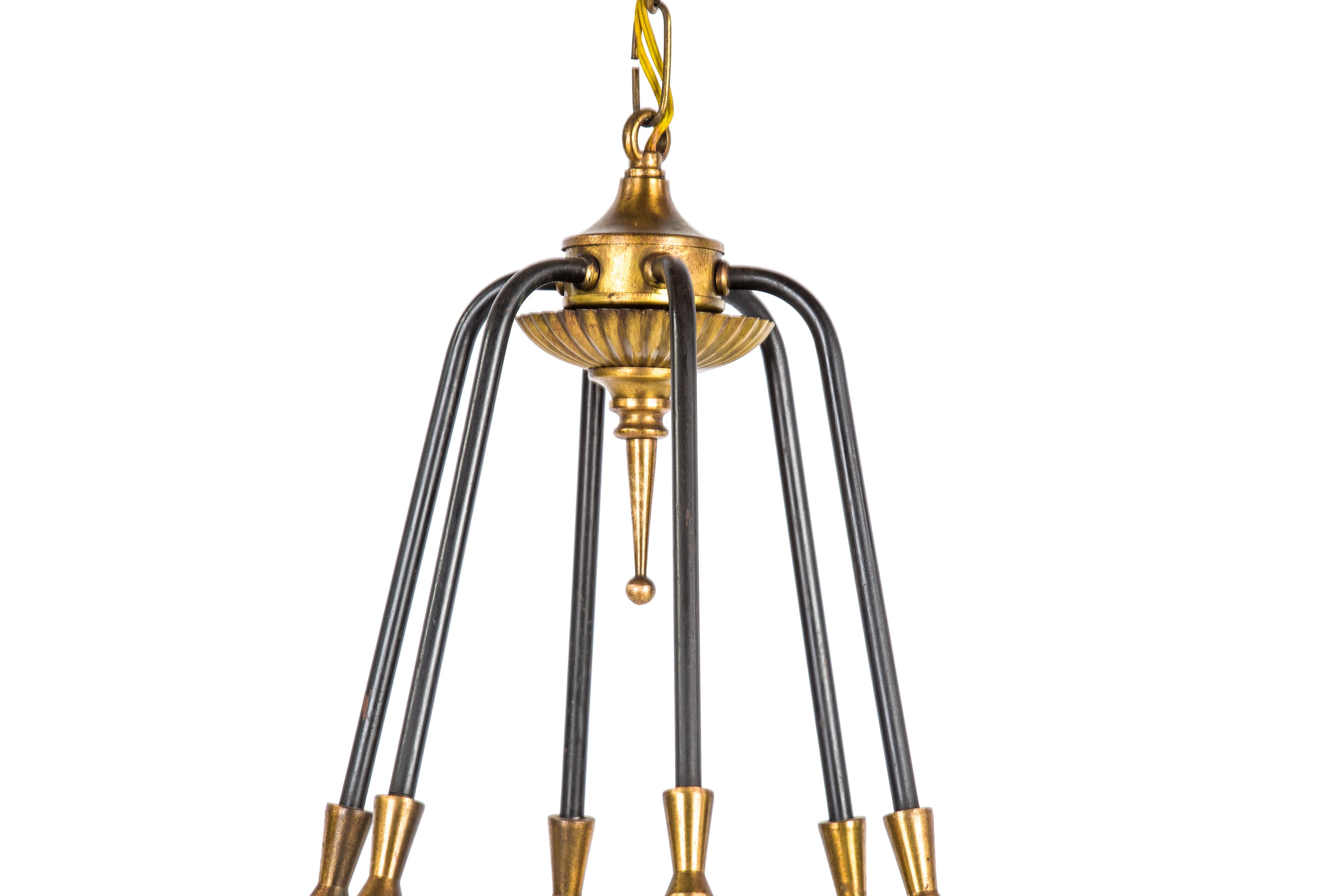 Forged Vintage Mid-20th Century French Iron and Brass Ring Chandelier with 6 Torches For Sale