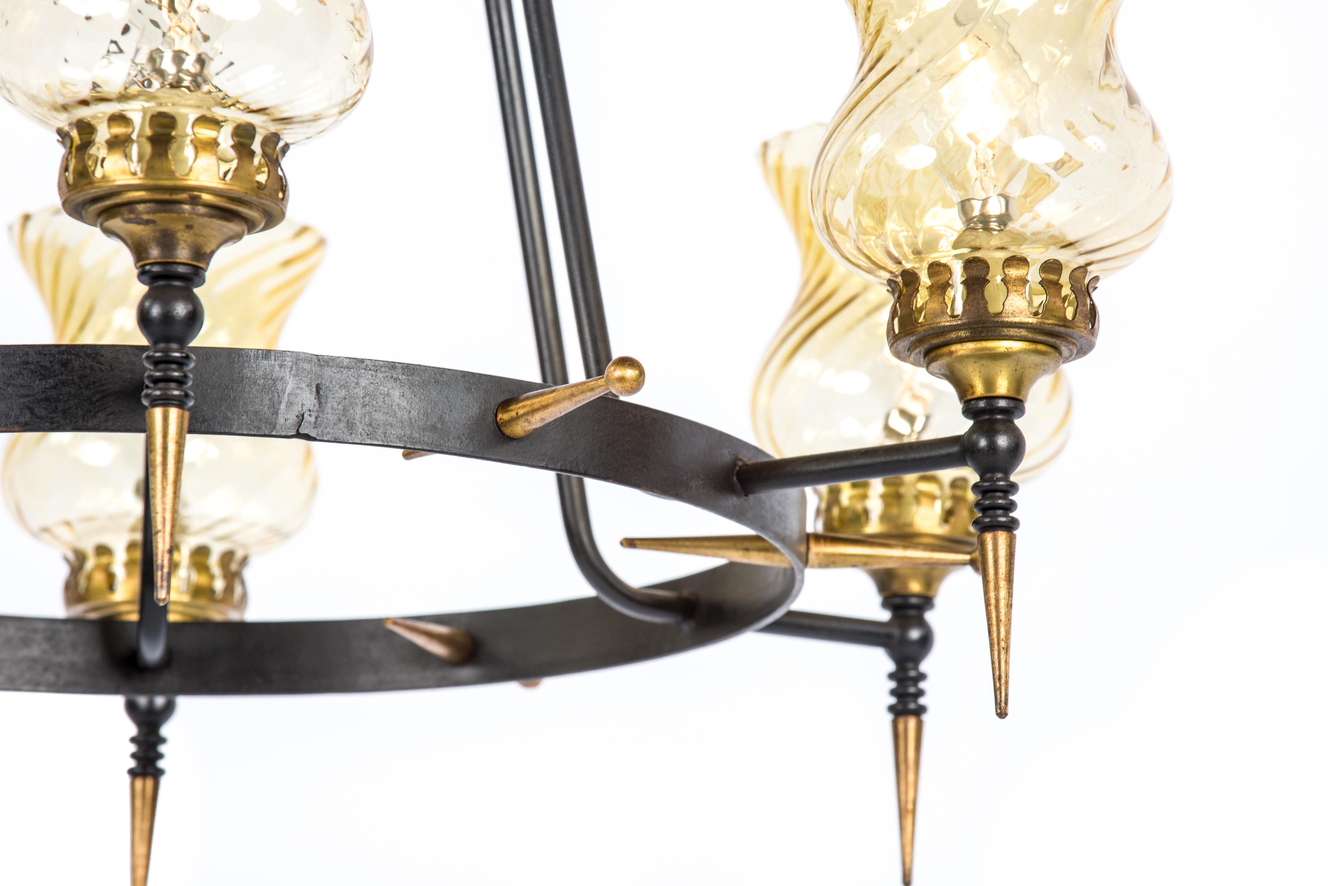 Vintage Mid-20th Century French Iron and Brass Ring Chandelier with 6 Torches For Sale 2
