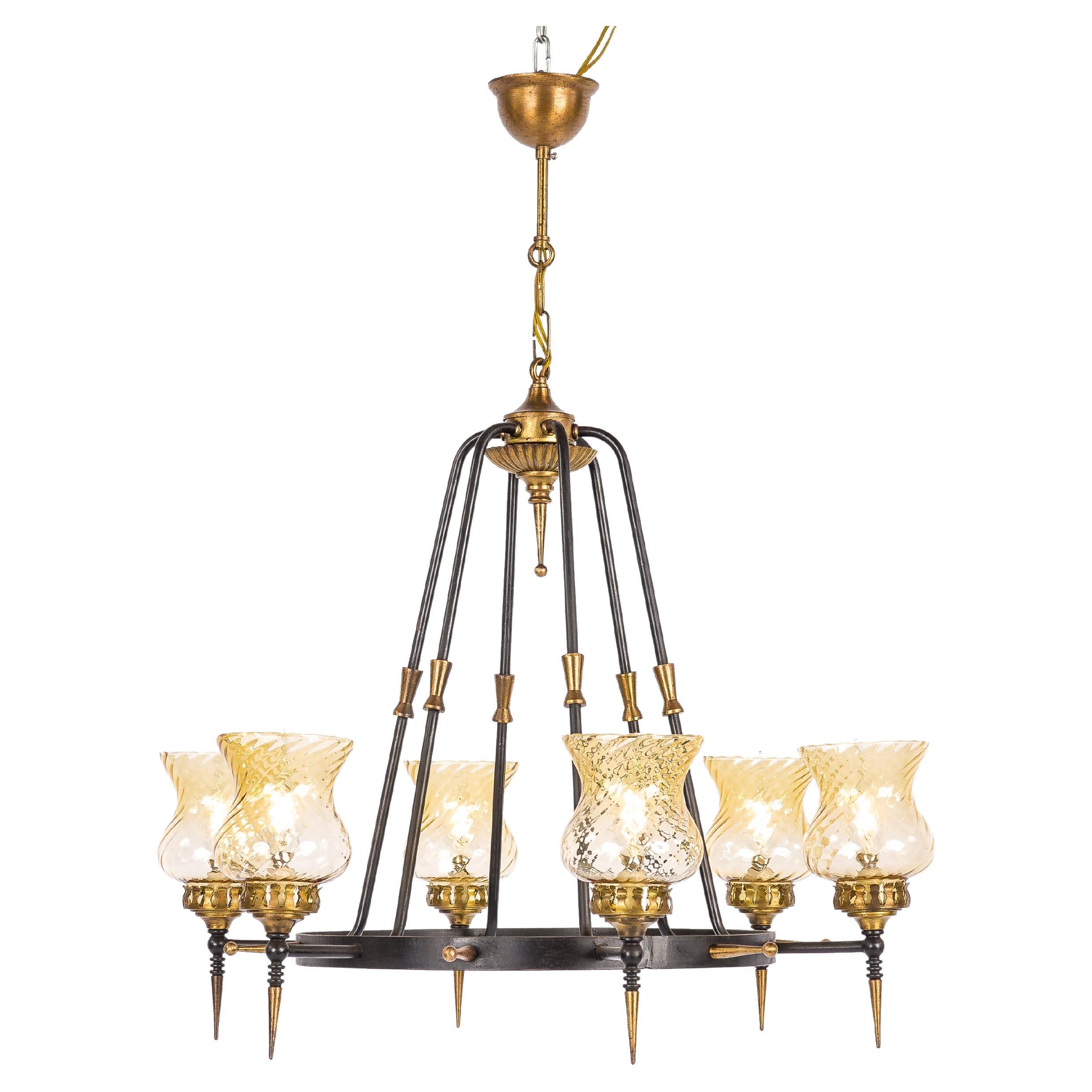 Vintage Mid-20th Century French Iron and Brass Ring Chandelier with 6 Torches For Sale
