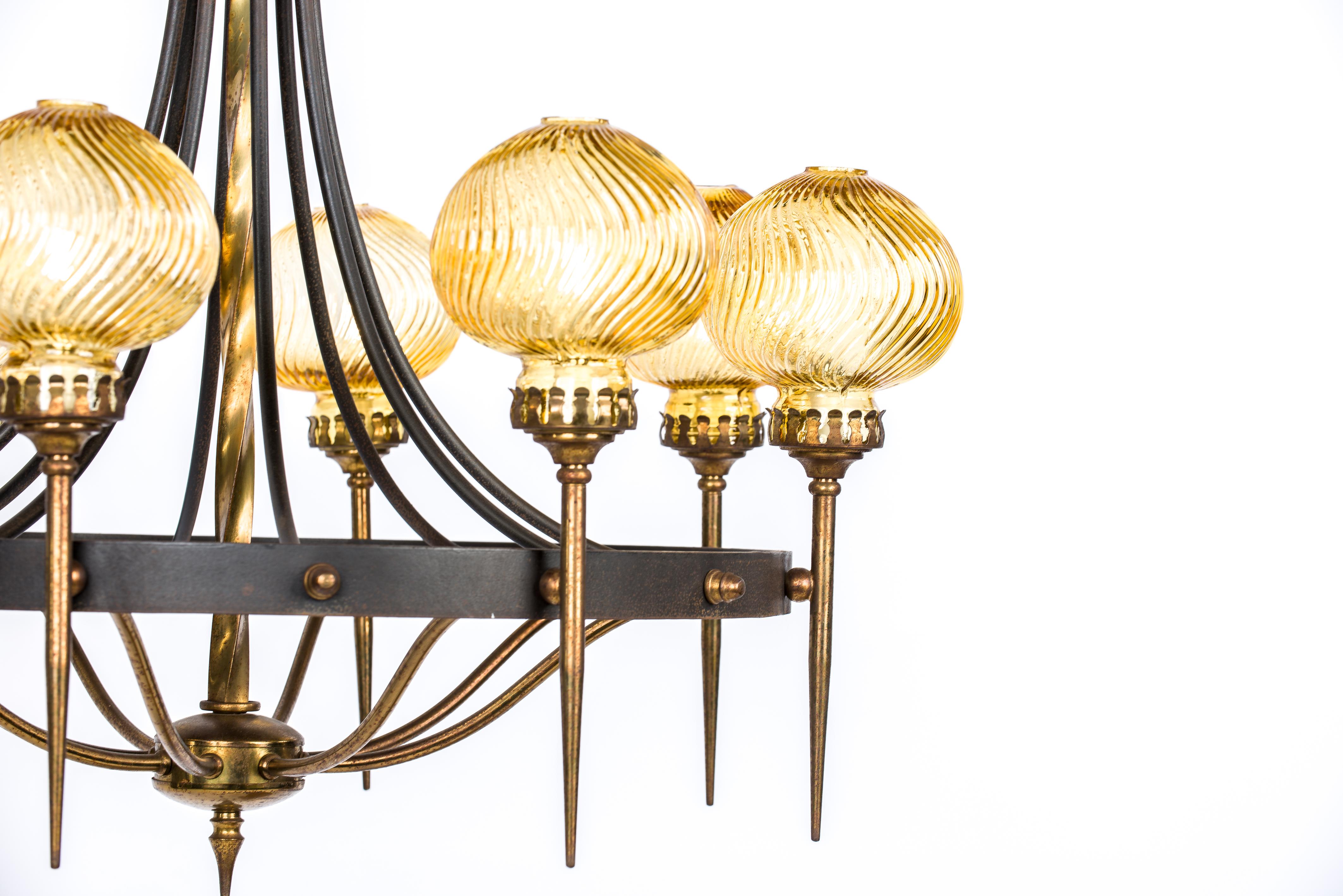 Forged Vintage Mid-20th Century French Iron and Brass Ring Chandelier with Torches