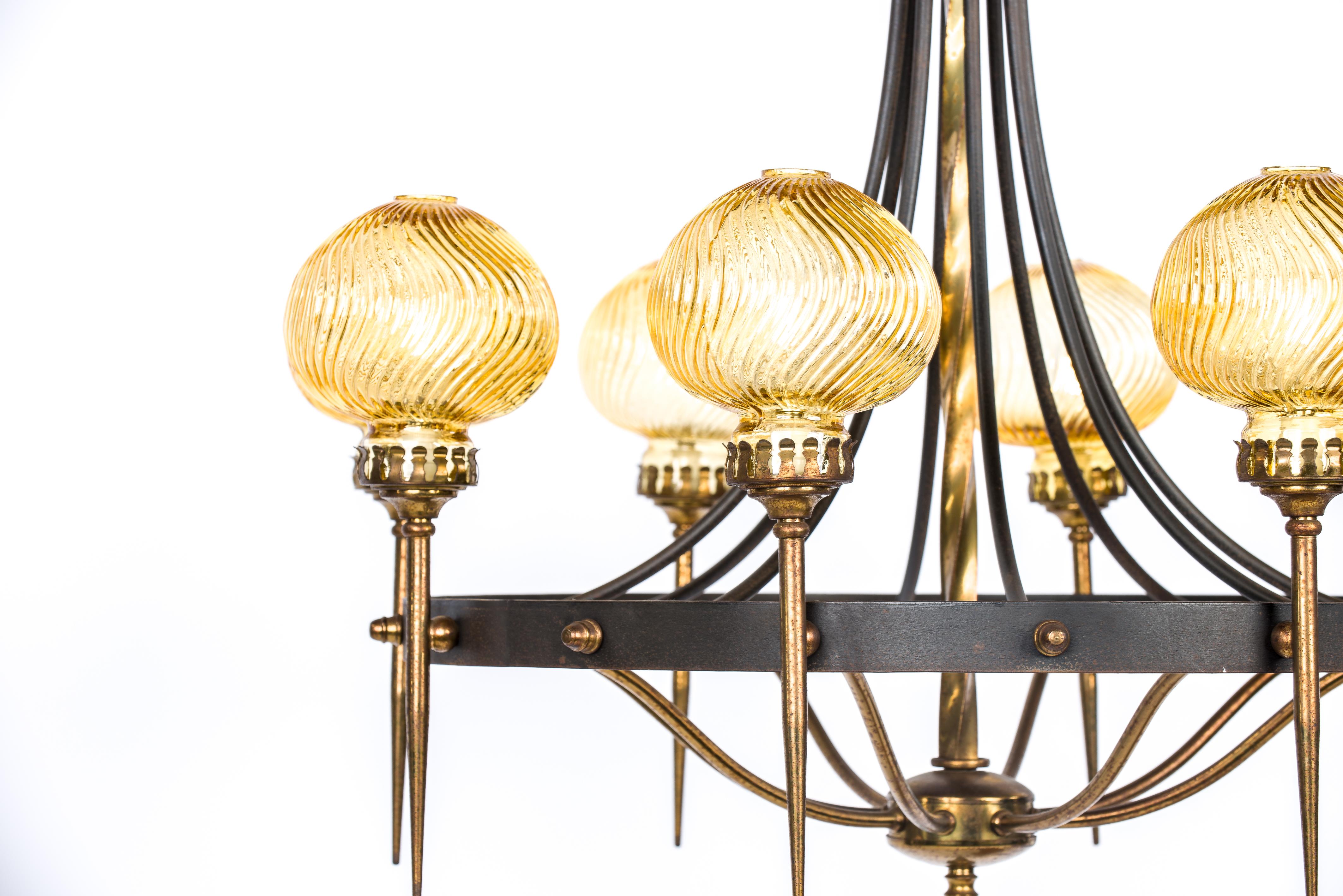 Vintage Mid-20th Century French Iron and Brass Ring Chandelier with Torches In Good Condition In Casteren, NL