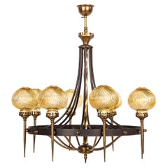 Vintage Mid-20th Century French Iron and Brass Ring Chandelier with Torches