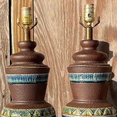Vintage Mid 20th Century Glazed Ceramic Band Table Lamps - a Pair