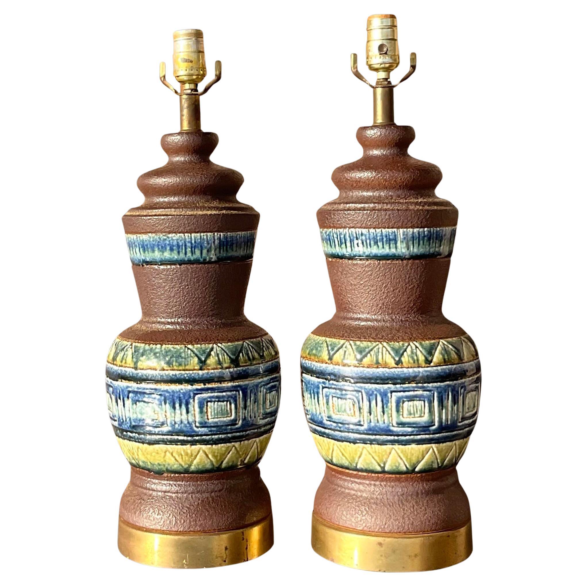 Vintage Mid 20th Century Glazed Ceramic Band Table Lamps - a Pair For Sale