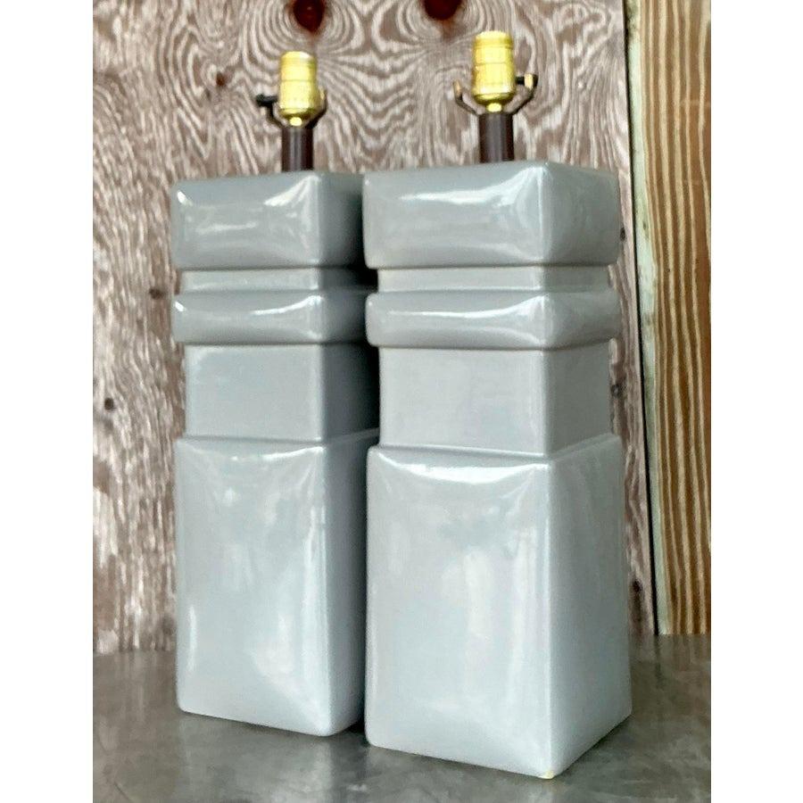 American Vintage Mid 20th Century Glazed Ceramic Lamps - a Pair For Sale