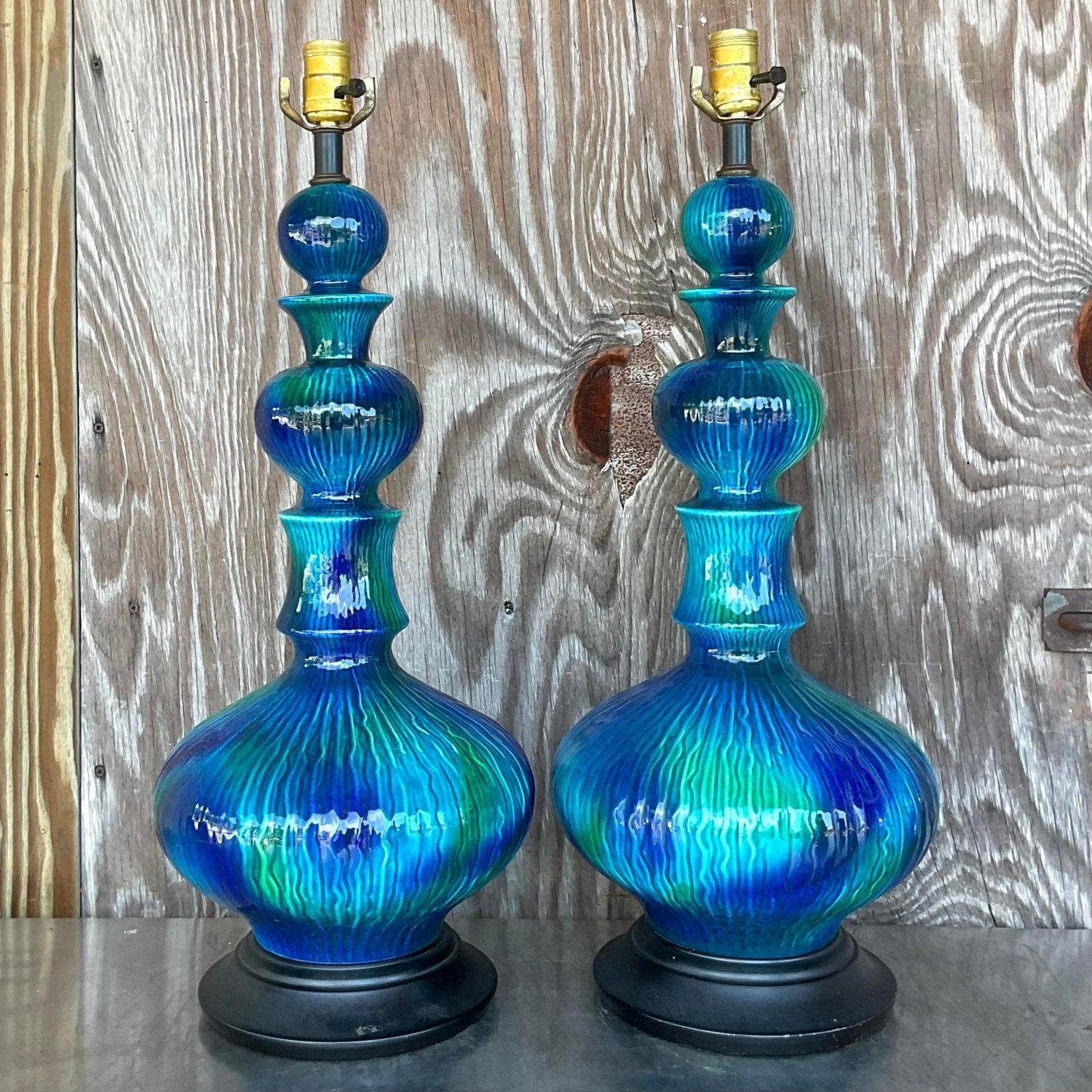 Vintage Mid 20th Century Glazed Ceramic Table Lamps - a Pair In Good Condition In west palm beach, FL