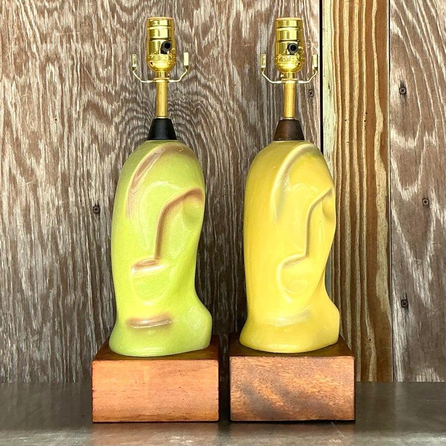Vintage Mid 20th Century Heifetz Glazed Ceramic Lamps - a Pair In Good Condition For Sale In west palm beach, FL