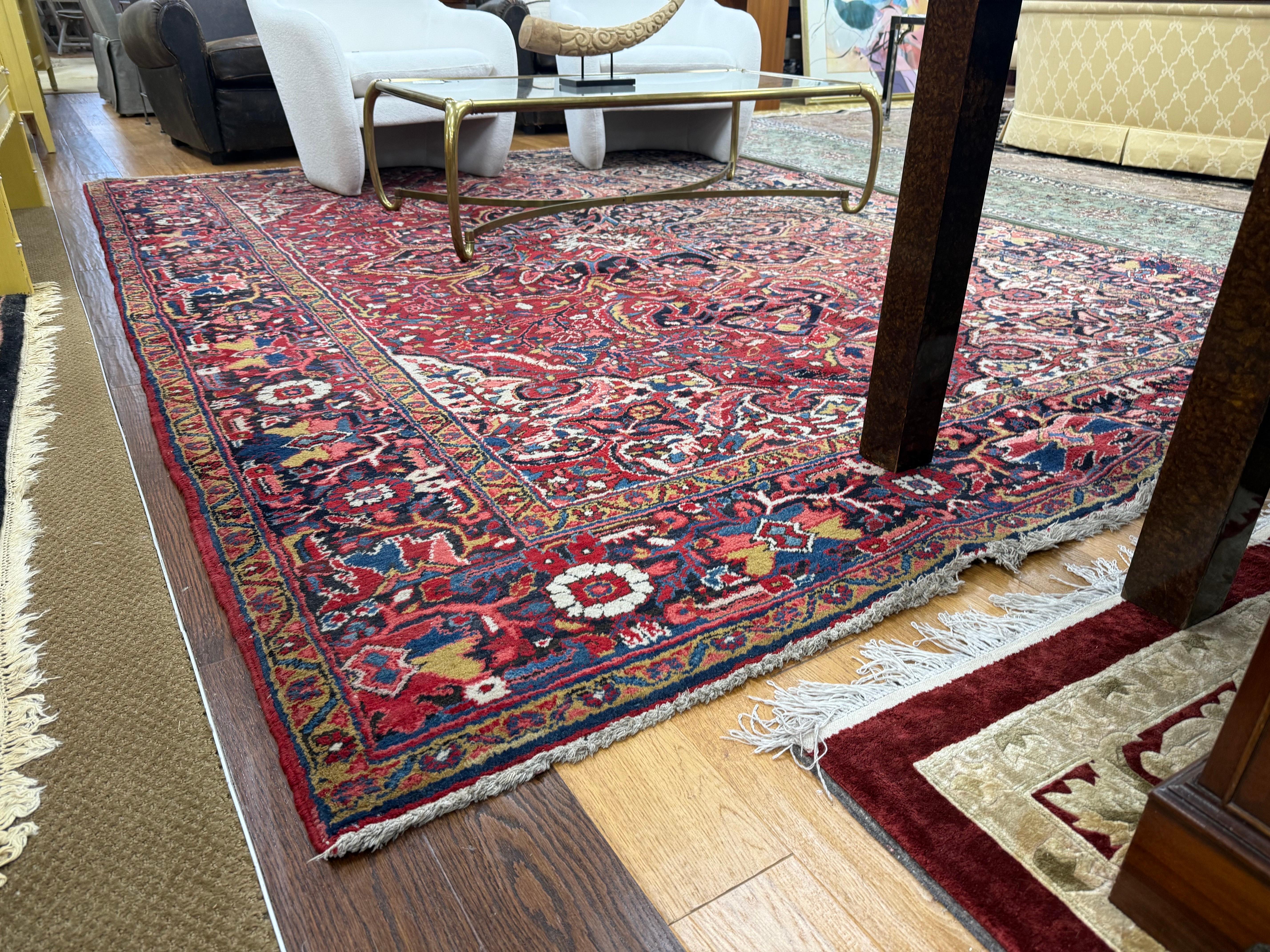 Wool Vintage Mid 20th Century Heriz Persian Rug Carpet 11.4FT x 8.4FT with Medallions For Sale