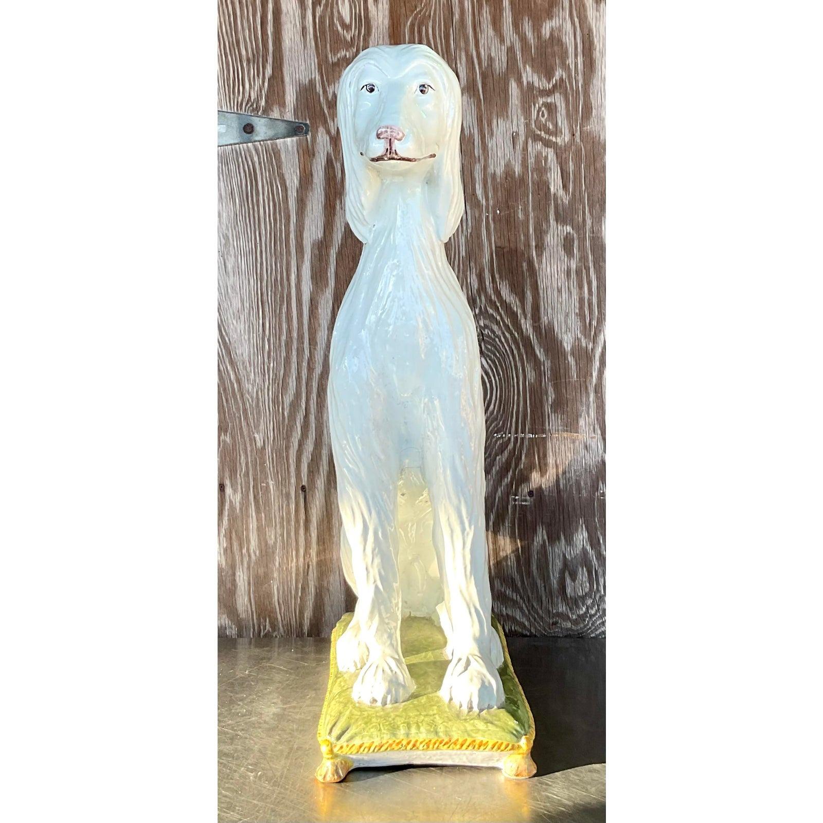A fabulous vintage MCM life size dog. A chic glazed ceramic Afghan dog with a glazed ceramic finish. Made in Italy. Acquired from a Palm Beach estate