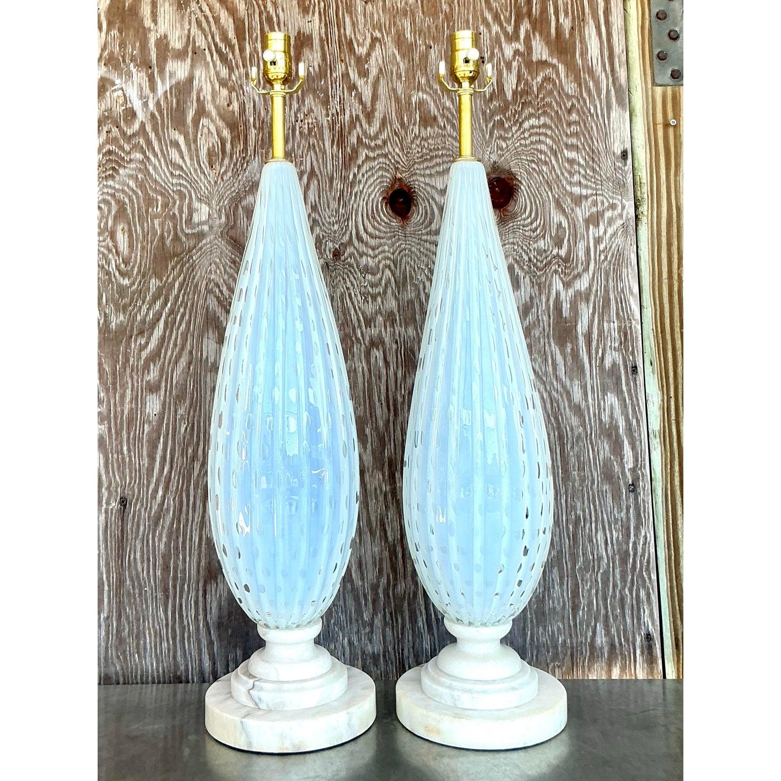 Hollywood Regency Vintage Mid 20th Century Italian Murano Lamps on Marble Plinths - A Pair For Sale