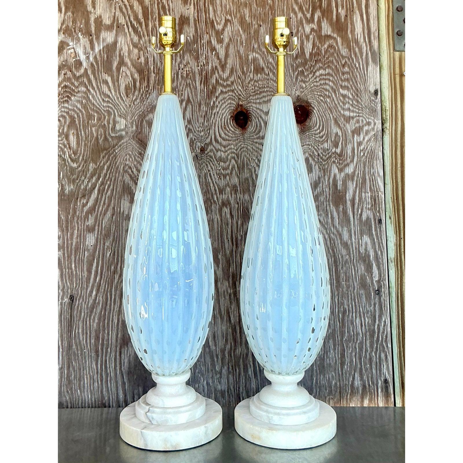 Vintage Mid 20th Century Italian Murano Lamps on Marble Plinths - A Pair In Good Condition For Sale In west palm beach, FL
