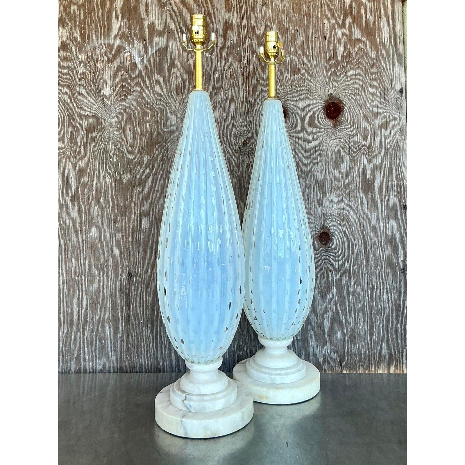 Vintage Mid 20th Century Italian Murano Lamps on Marble Plinths - A Pair For Sale 1