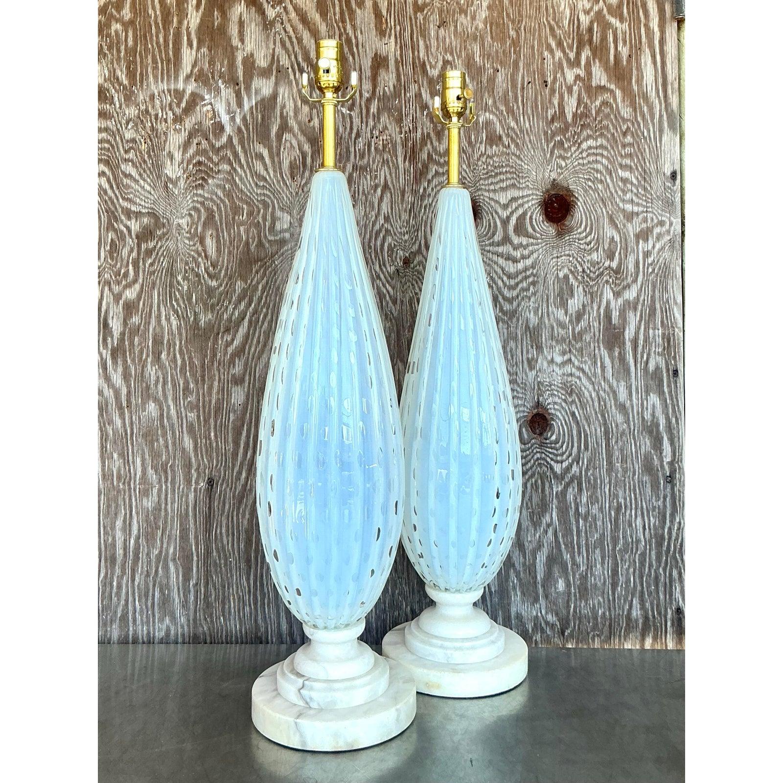 Vintage Mid 20th Century Italian Murano Lamps on Marble Plinths - A Pair For Sale 4