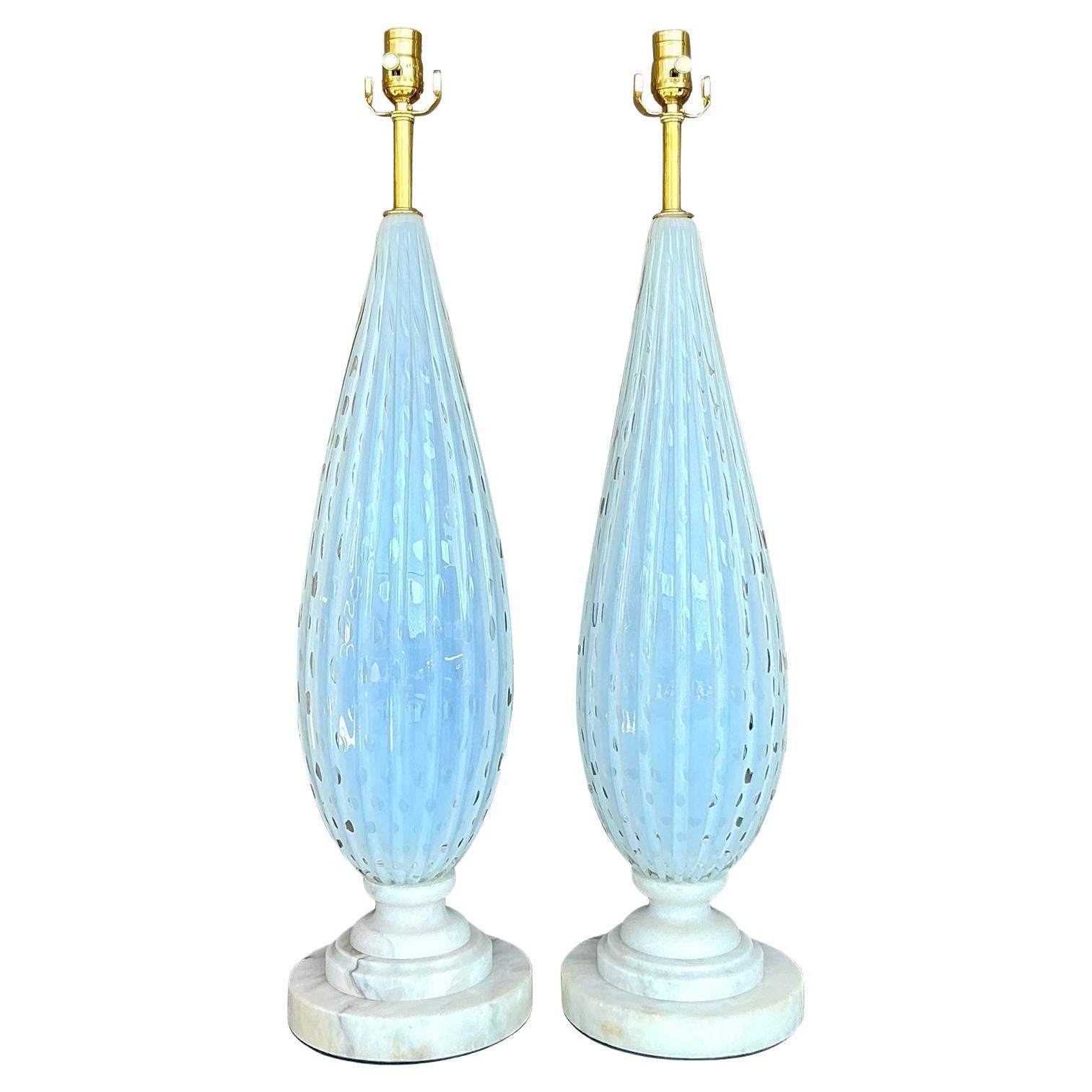 Vintage Mid 20th Century Italian Murano Lamps on Marble Plinths - A Pair