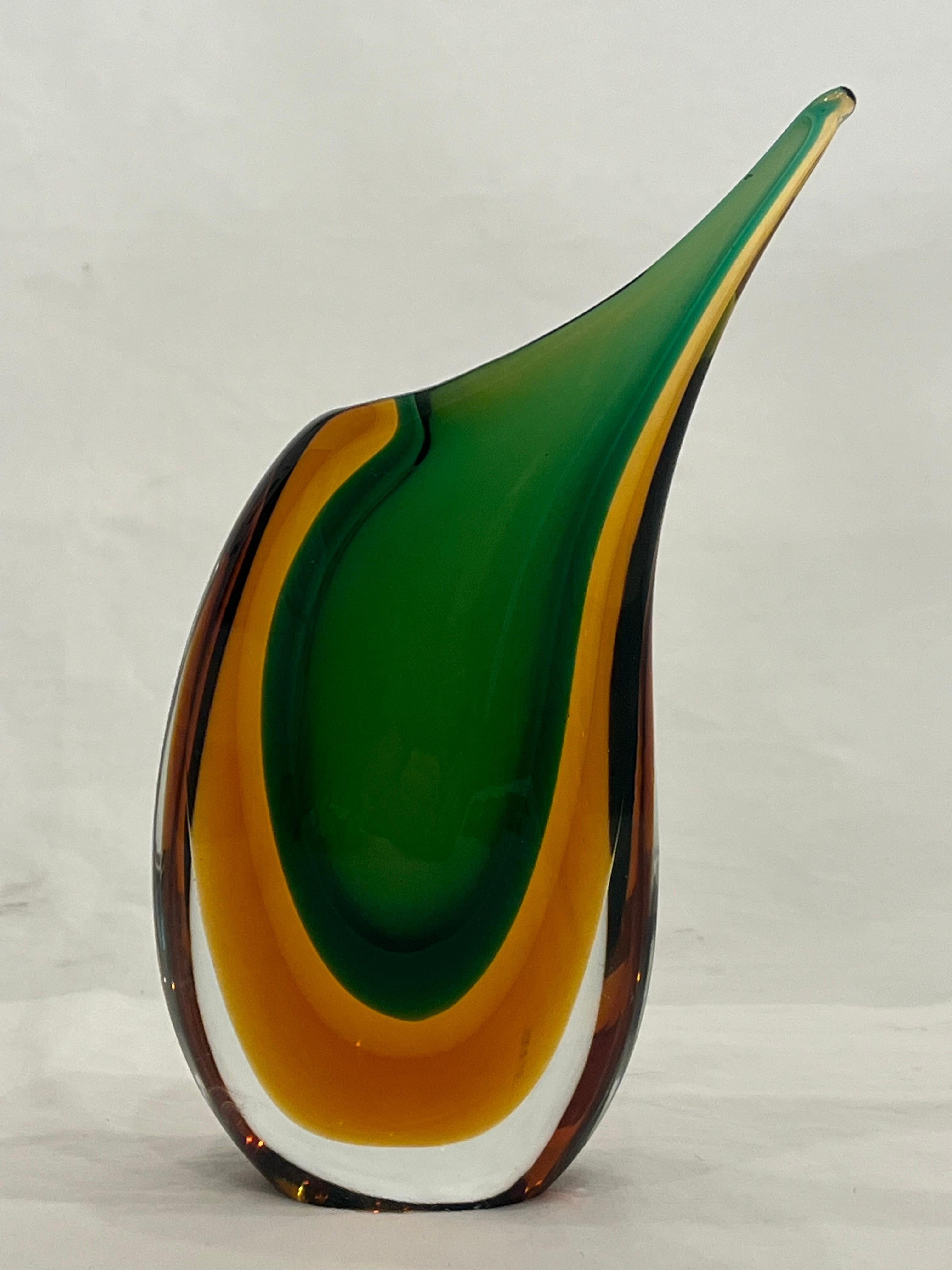 Mid-Century Modern Vintage Mid 20th Century Italian Murano Venezia Sommerso Vase in Green and Amber