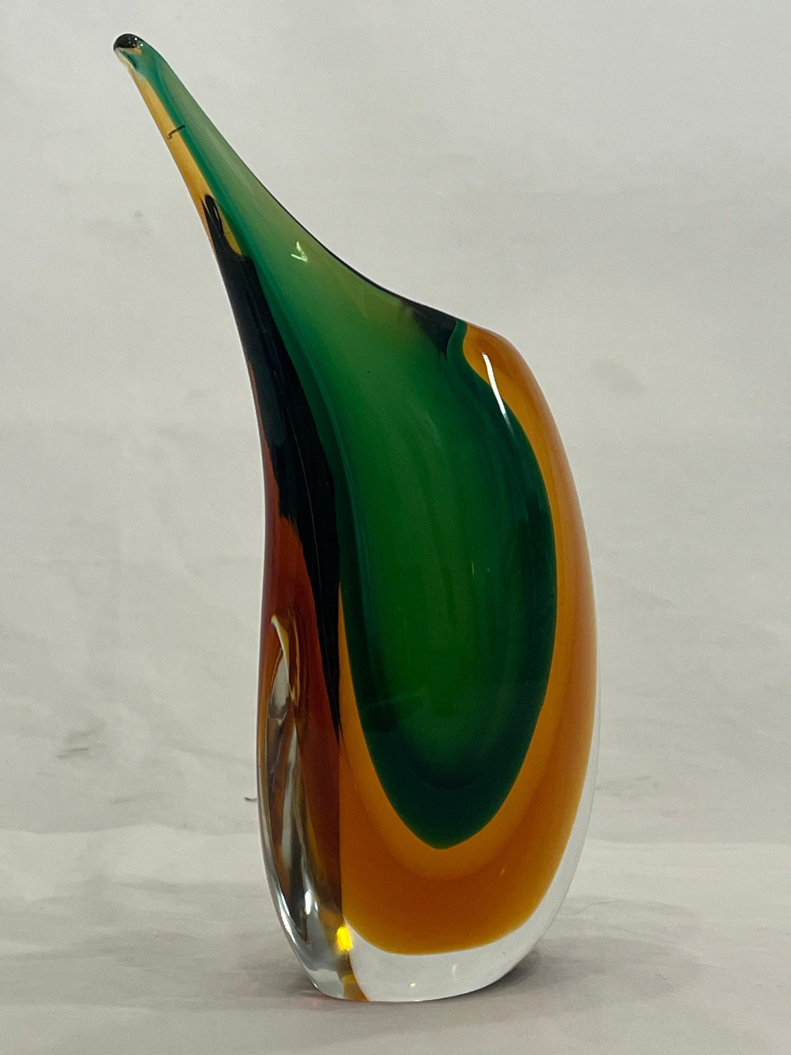 Vintage Mid 20th Century Italian Murano Venezia Sommerso Vase in Green and Amber 1