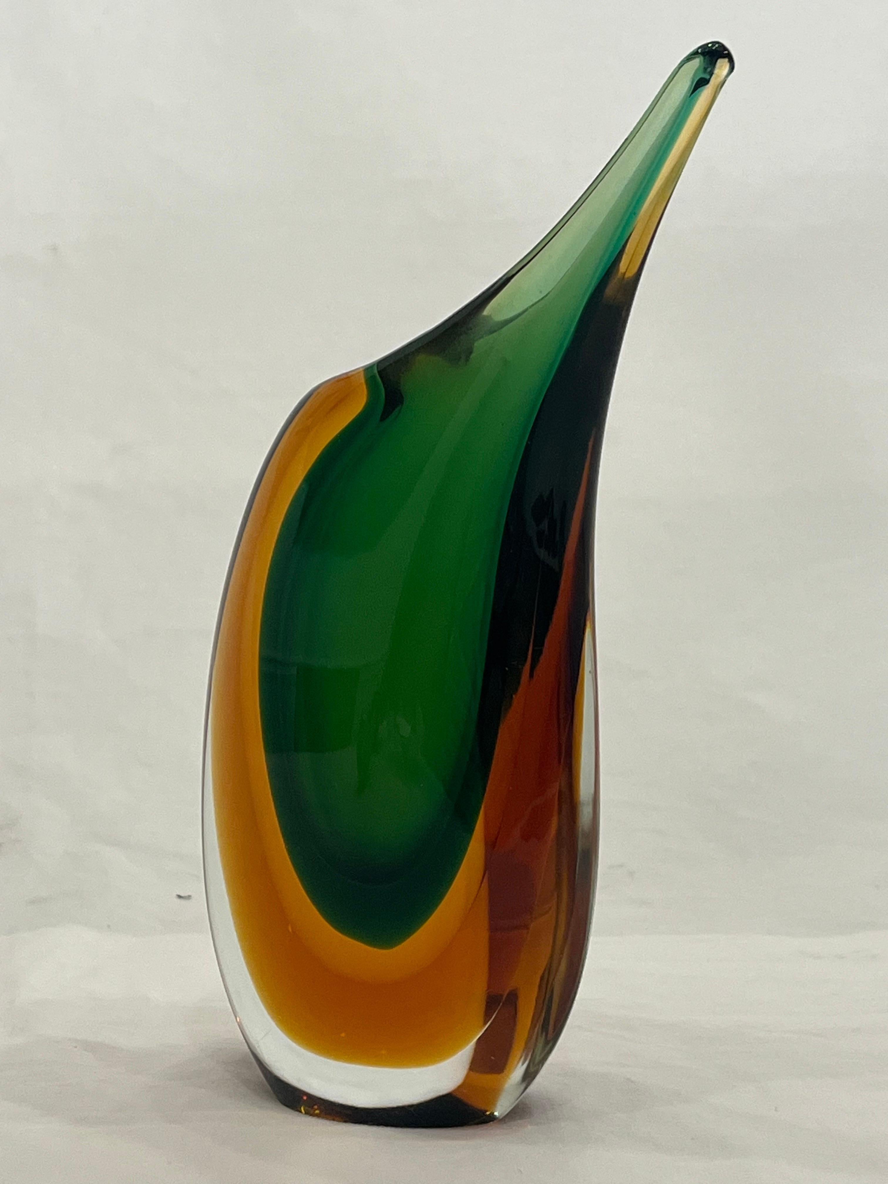 Vintage Mid 20th Century Italian Murano Venezia Sommerso Vase in Green and Amber 3