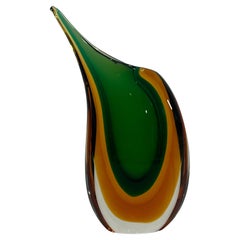 Vintage Mid 20th Century Italian Murano Venezia Sommerso Vase in Green and Amber