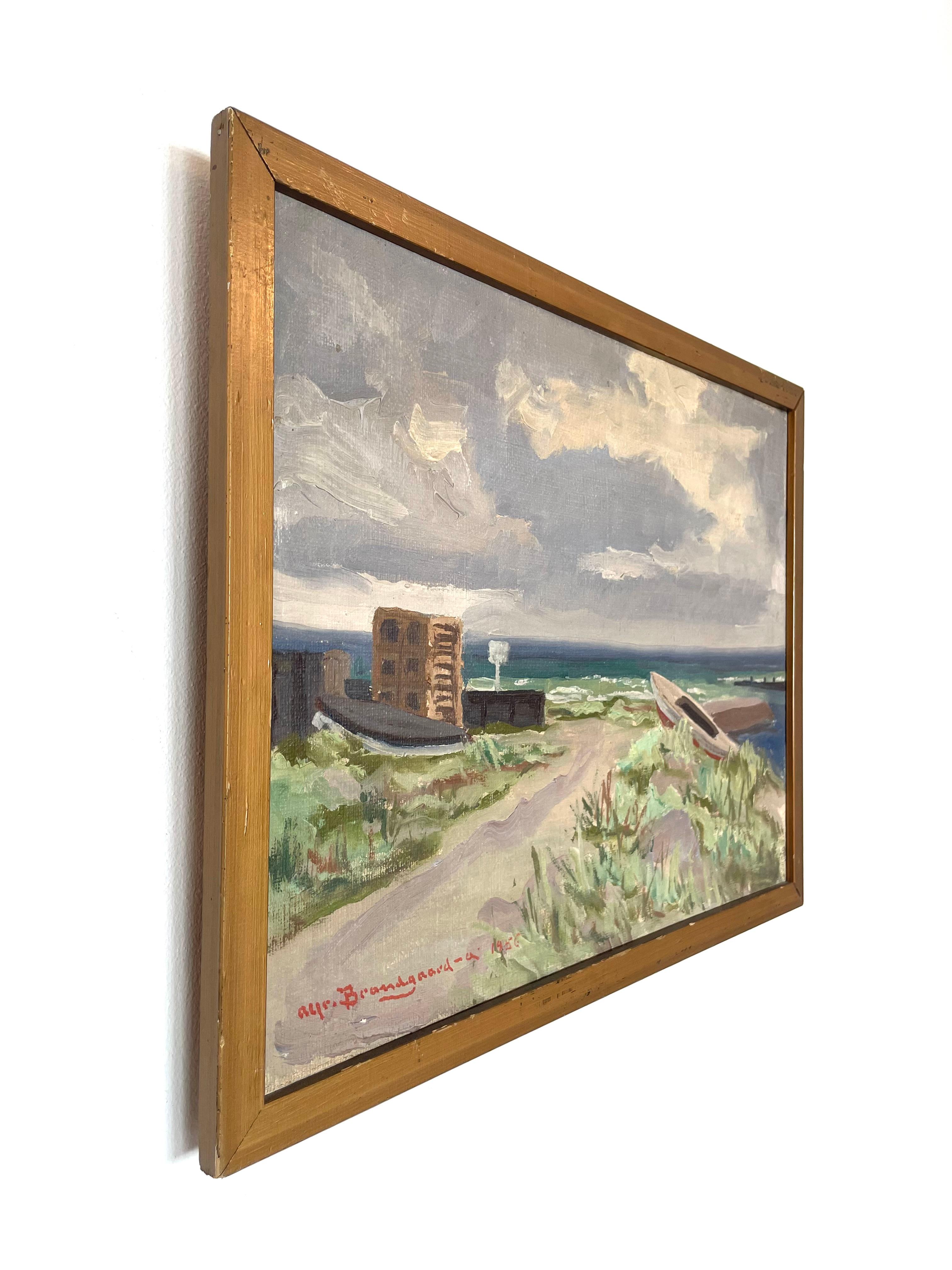Vintage Mitte des 20. Jahrhunderts maritime Ölgemälde des Hafens von Alfred Brændgaard im Angebot 4