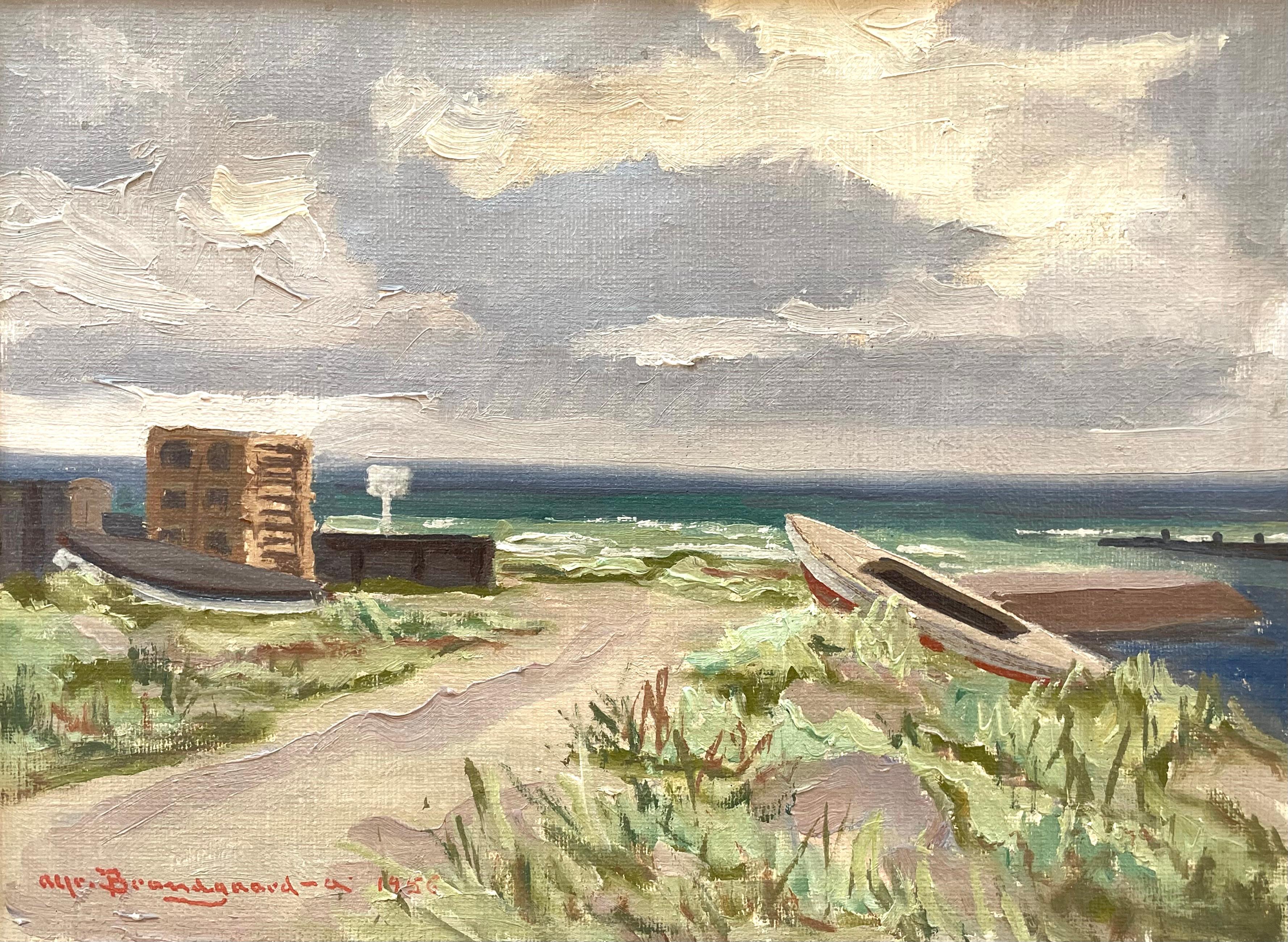 Vintage Mitte des 20. Jahrhunderts maritime Ölgemälde des Hafens von Alfred Brændgaard (Moderne der Mitte des Jahrhunderts) im Angebot