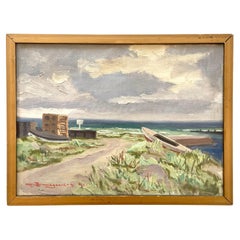 Vintage mid 20th century maritime oil painting of harbour by Alfred Brændgaard