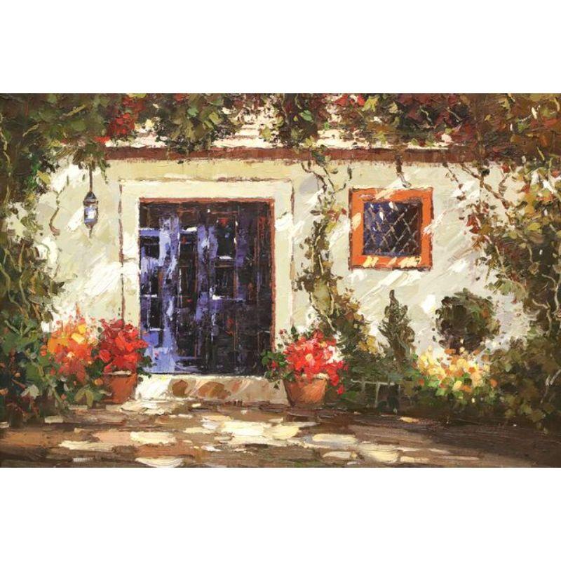 An original oil painting on canvas, from the Mid 20th Century. Untitled, (French Country Cottage). Unsigned, artist unknown. Presented in a gold painted frame with wire hanger.

Measures: 35 W 2 D 31 H, Weighs Approximately: 25 lbs

Exceptionally