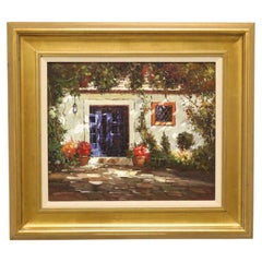 Vintage Mid 20th Century Oil on Canvas Painting of a French Country Cottage