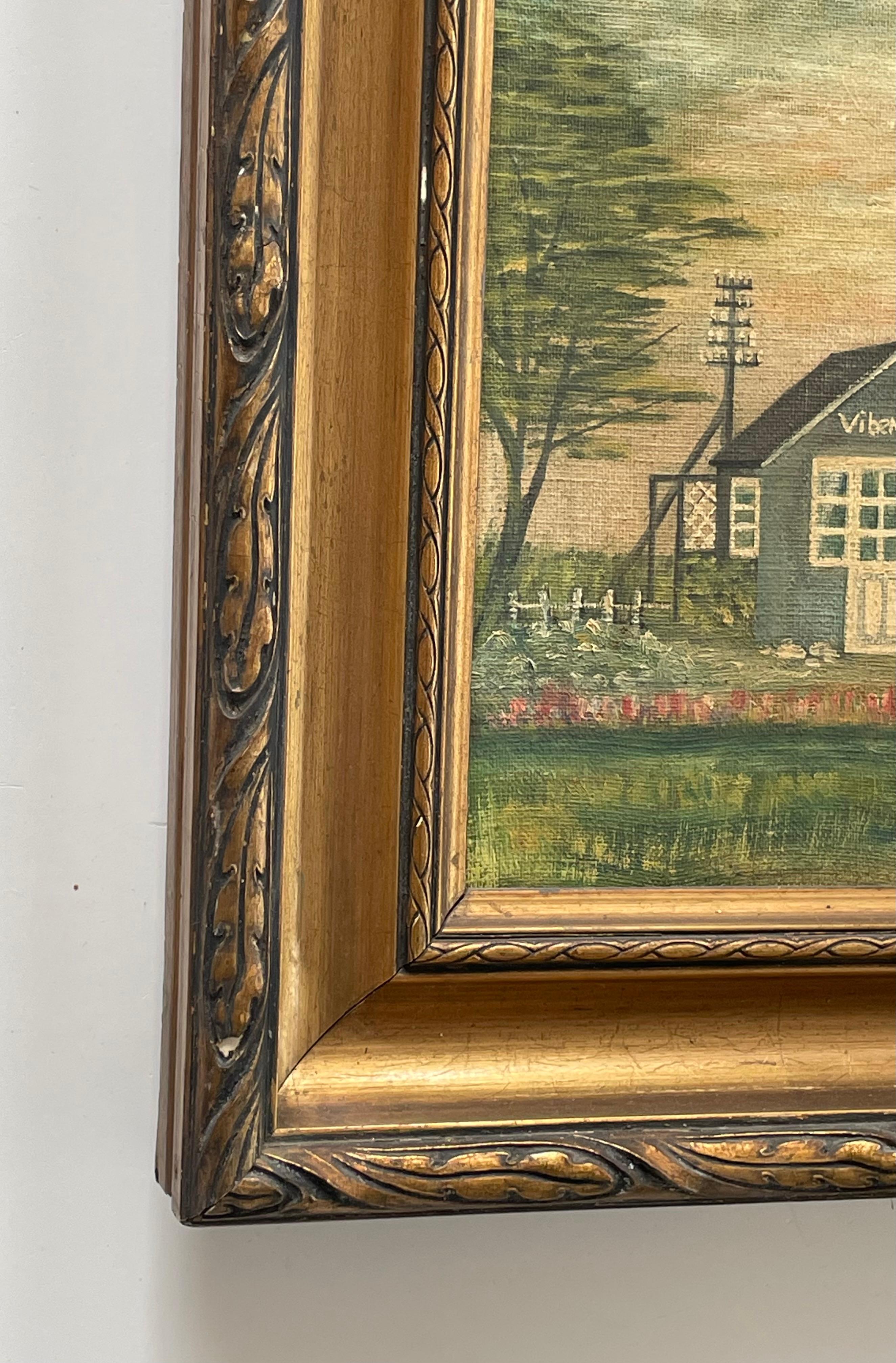 Vintage Mitte des 20. Jahrhunderts Ölgemälde eines kleinen Landhauses von Laurits Hansen im Angebot 4
