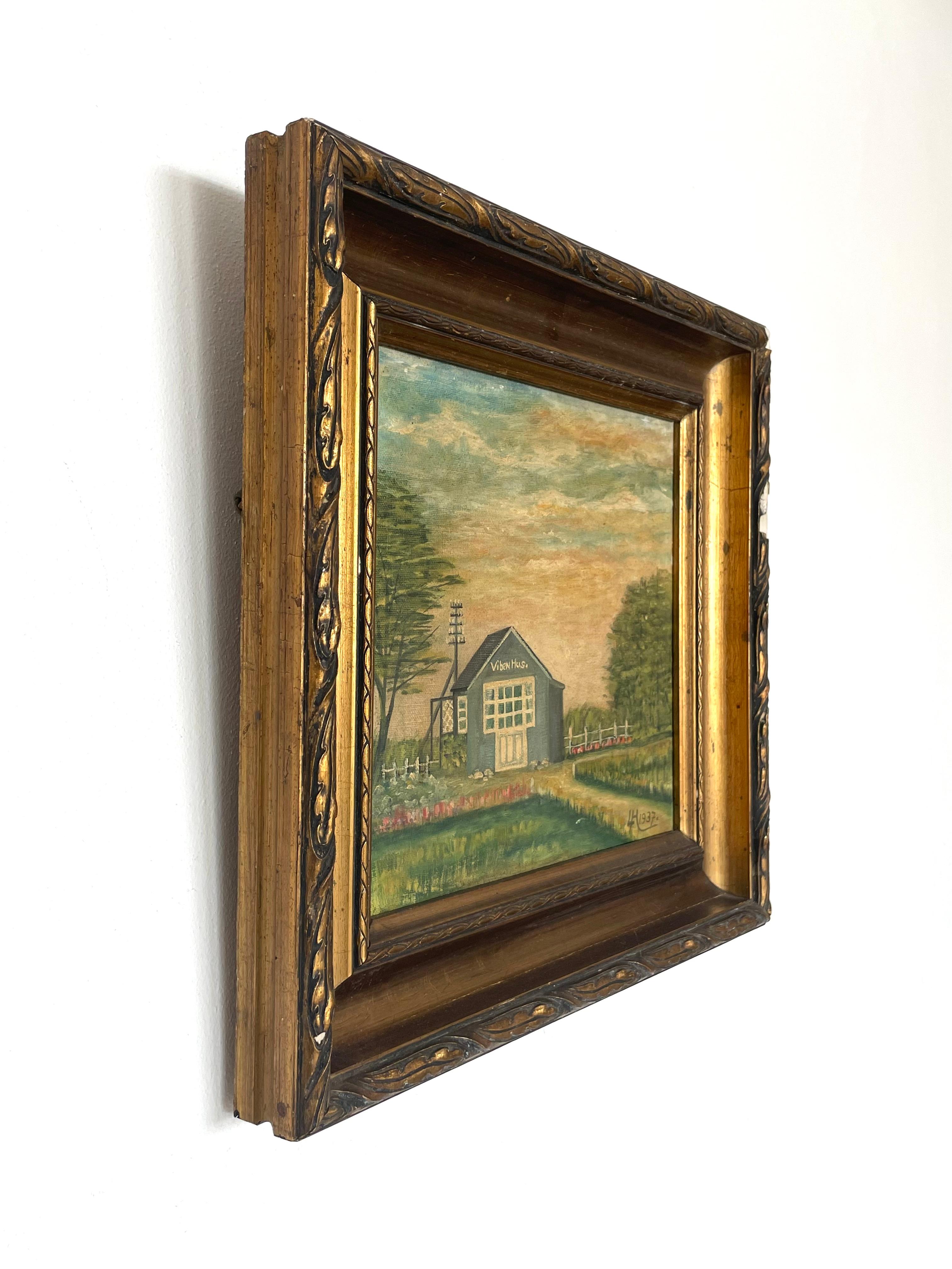 Vintage Mitte des 20. Jahrhunderts Ölgemälde eines kleinen Landhauses von Laurits Hansen im Angebot 5