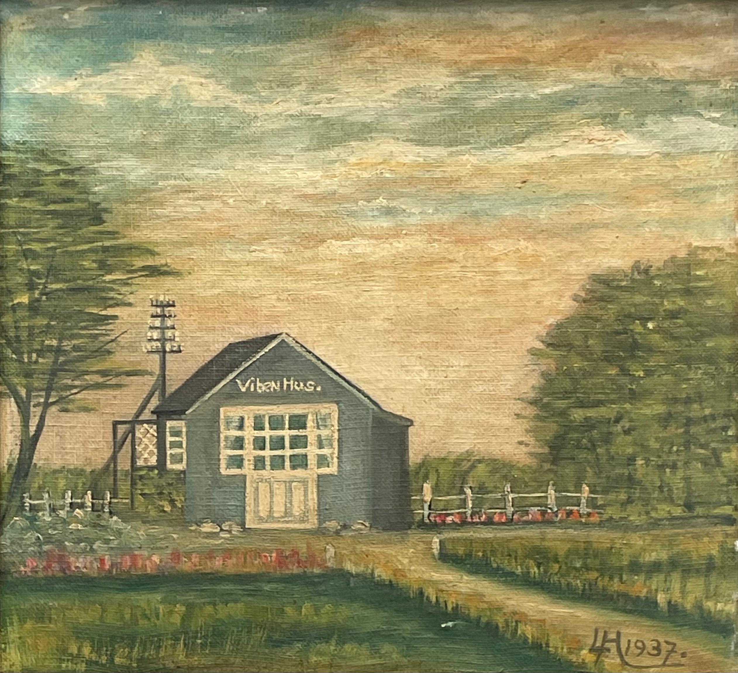 This is an original vintage Danish oil on canvas painting of a landscape with a small house titled “Vibenhus”.

The painting is attributed to artist Laurits Hansen (1906-1972) from Funen, Denmark. It is signed and dated on the front as well as