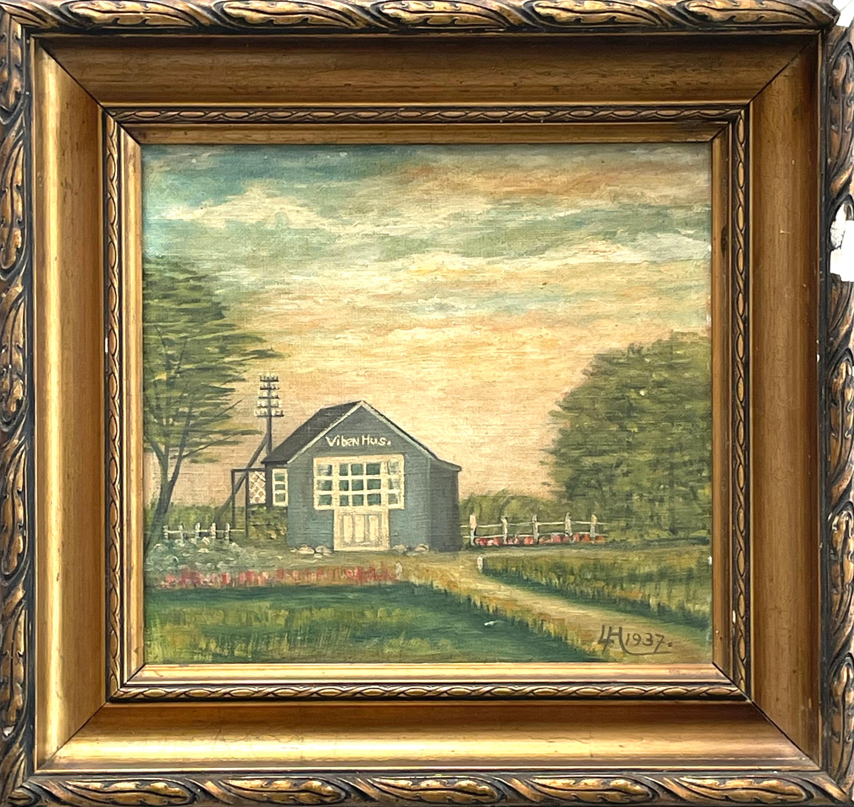 Vintage Mitte des 20. Jahrhunderts Ölgemälde eines kleinen Landhauses von Laurits Hansen (Moderne der Mitte des Jahrhunderts) im Angebot