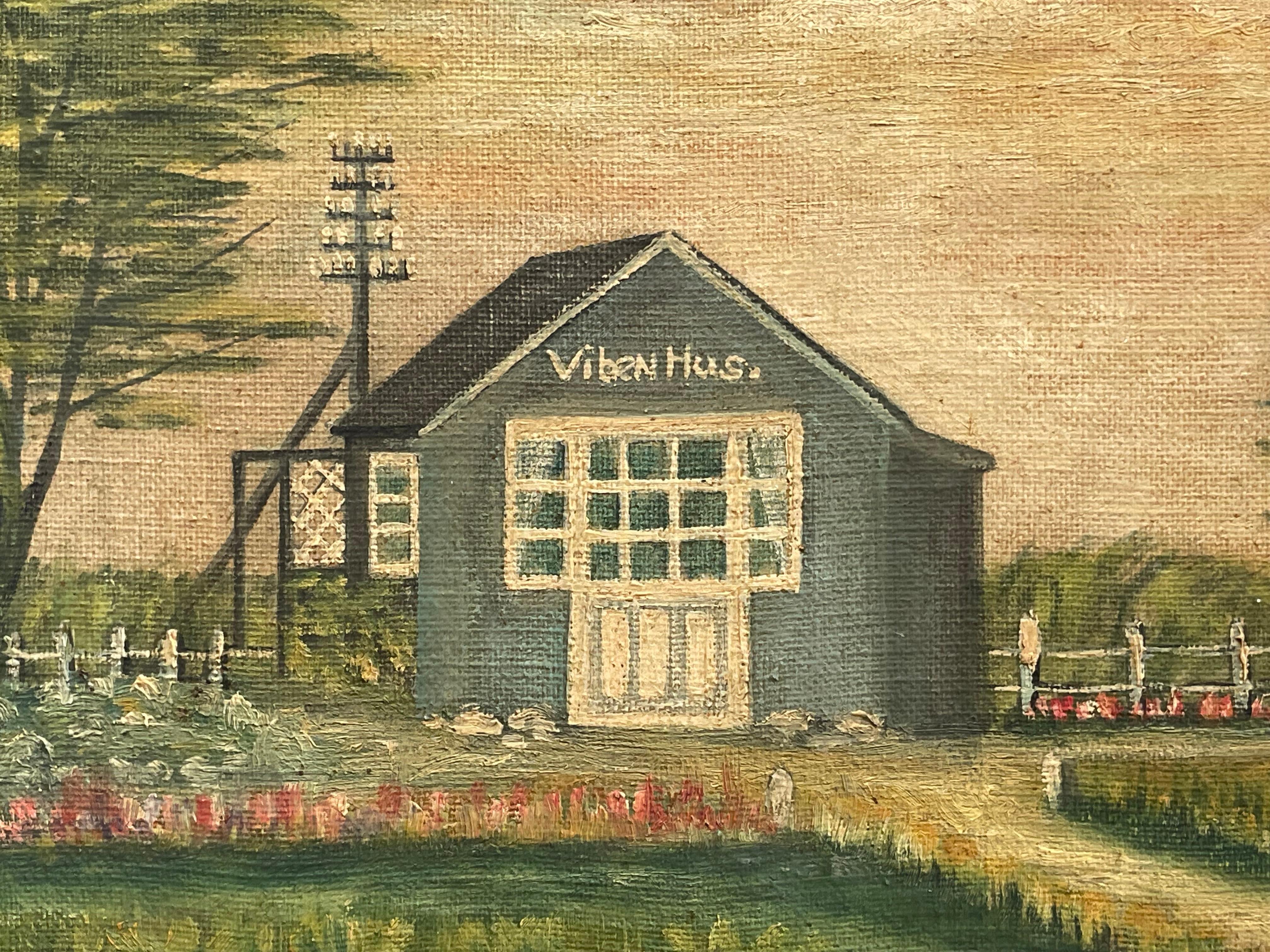 Vintage Mitte des 20. Jahrhunderts Ölgemälde eines kleinen Landhauses von Laurits Hansen (Handbemalt) im Angebot