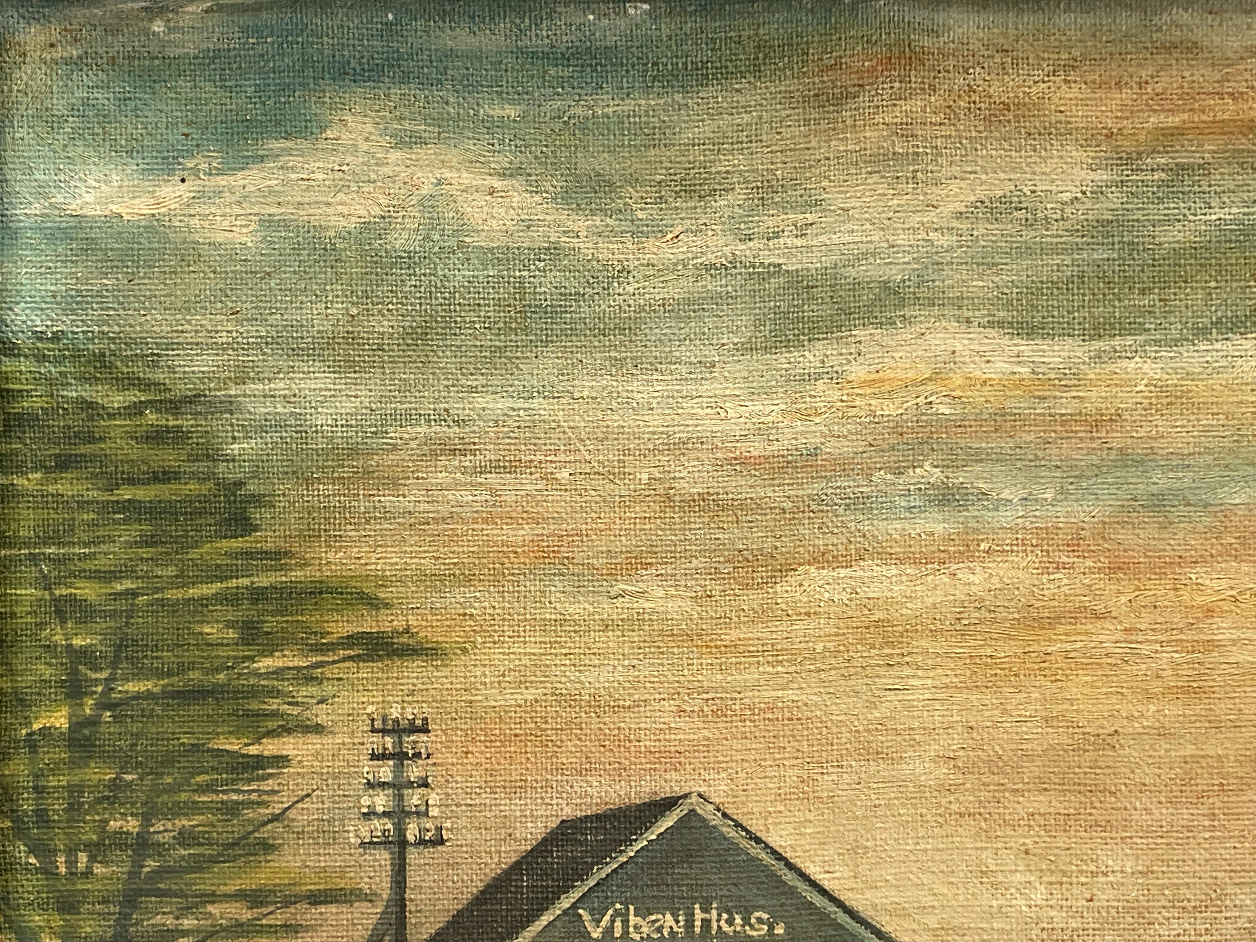 Vintage Mitte des 20. Jahrhunderts Ölgemälde eines kleinen Landhauses von Laurits Hansen im Zustand „Gut“ im Angebot in Ebberup, DK