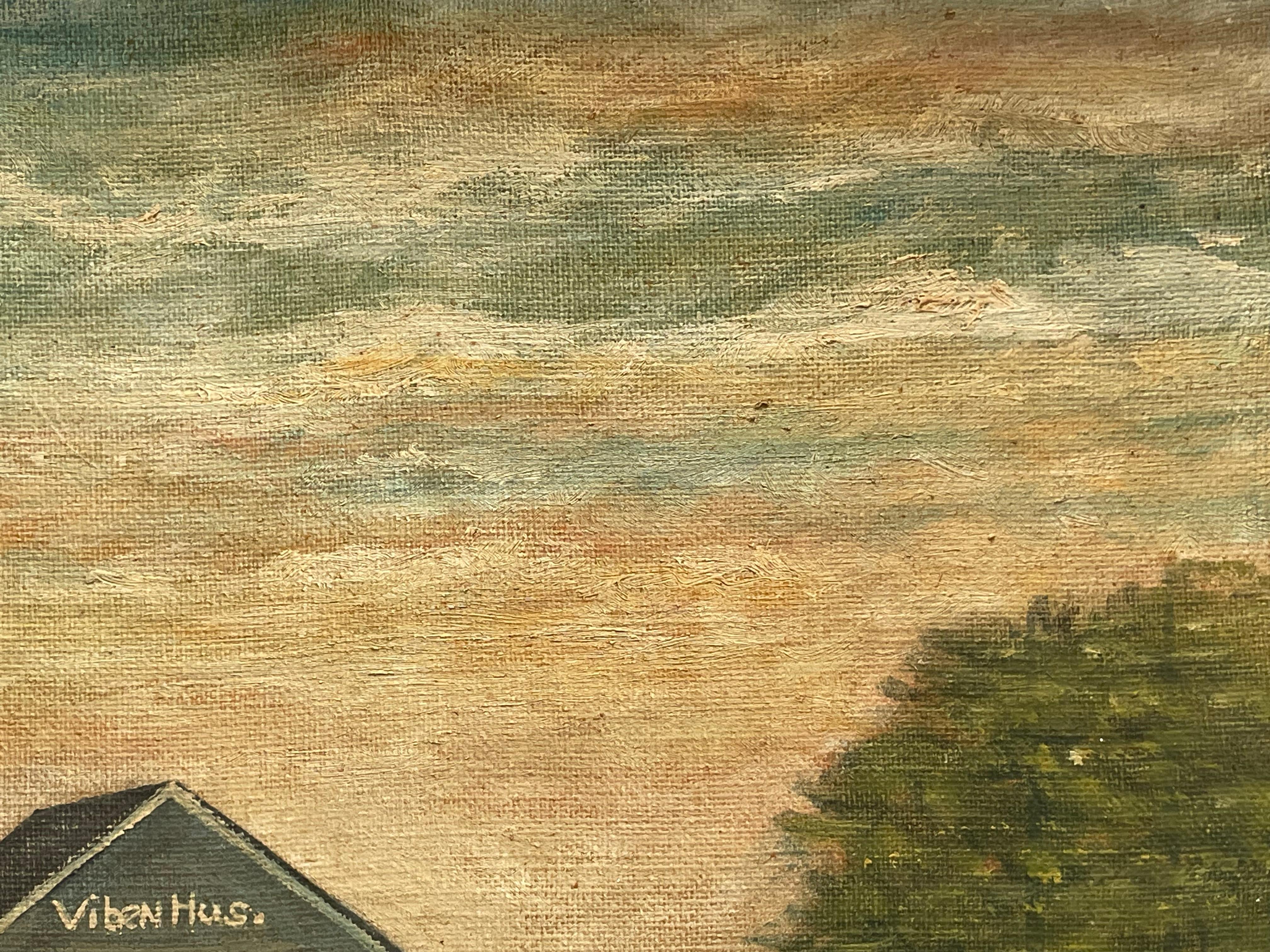 Vintage Mitte des 20. Jahrhunderts Ölgemälde eines kleinen Landhauses von Laurits Hansen (Farbe) im Angebot