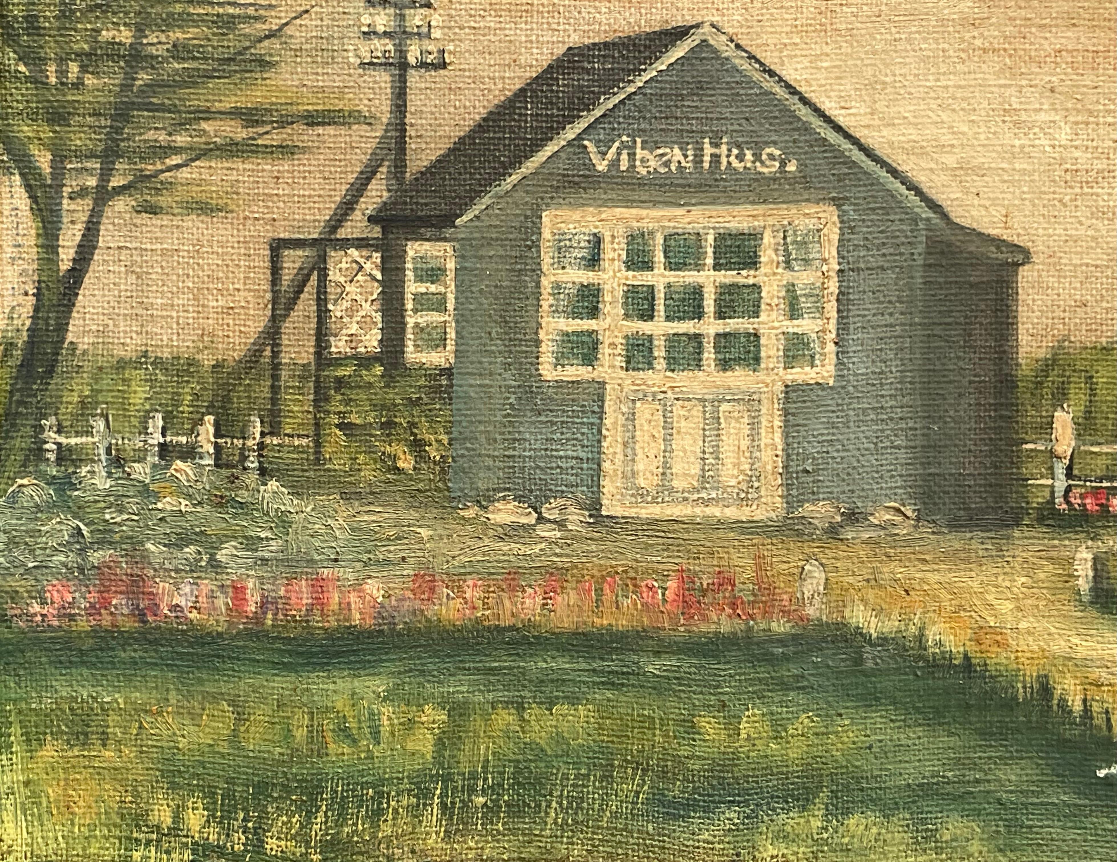 Vintage Mitte des 20. Jahrhunderts Ölgemälde eines kleinen Landhauses von Laurits Hansen im Angebot 1