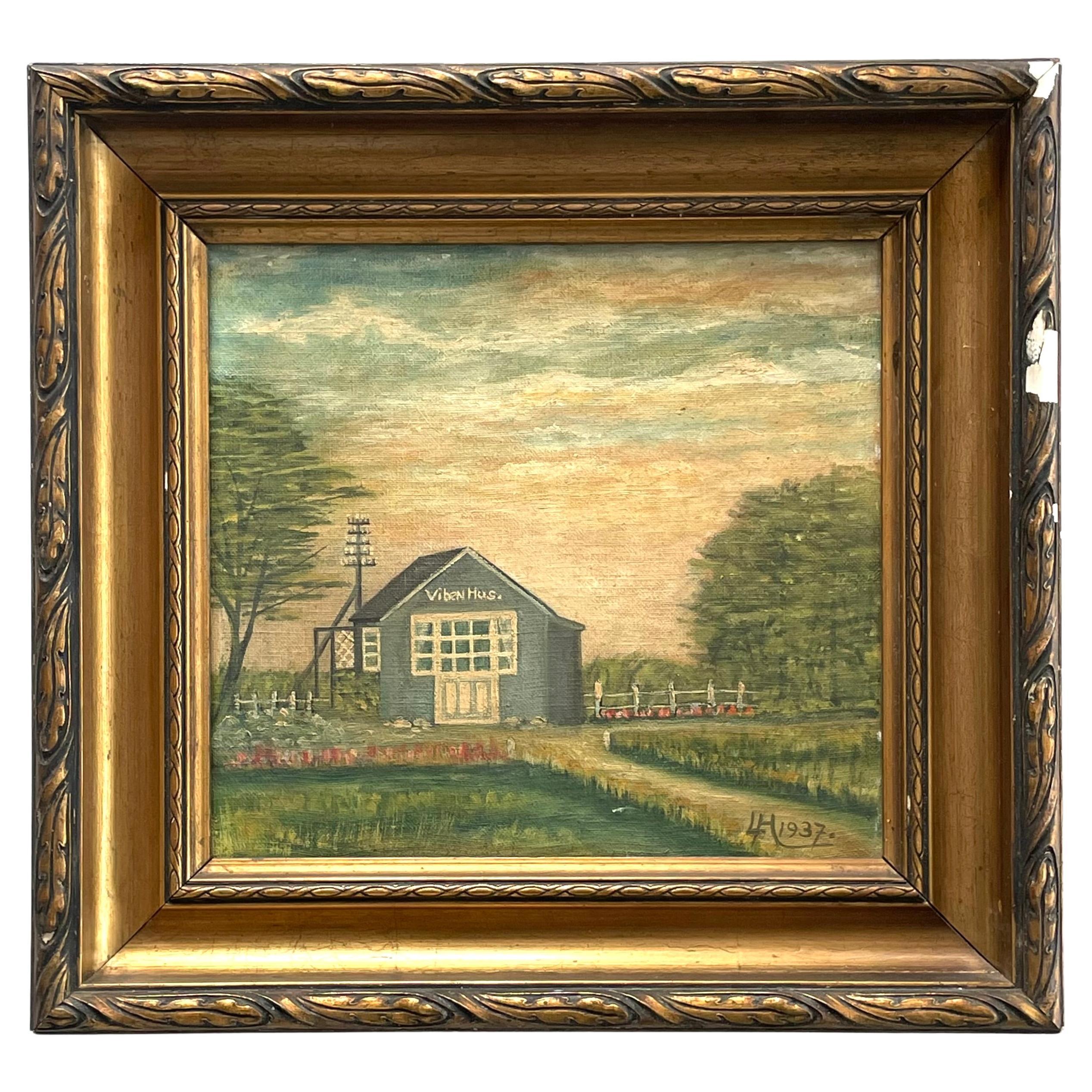 Vintage mid 20th century oil painting of small country house by Laurits Hansen