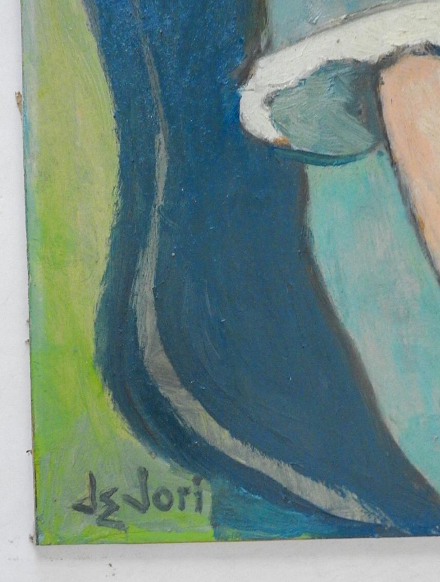 Vintage mid 20th century oil on thick artist board portrait of young blonde girl in blue dress.  Signé dejori dans le coin inférieur gauche.  Non encadré, usure des bords.