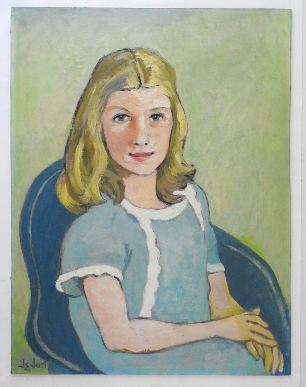 Mid-Century Modern Peinture vintage du milieu du 20e siècle Portrait d'une jeune fille en robe bleue en vente