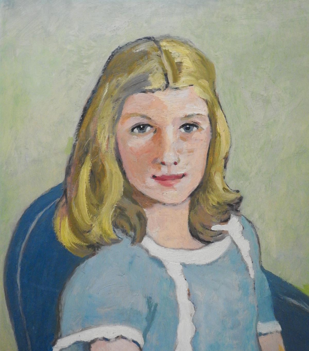 American Vintage Mid 20th Century Portrait of Girl in Blue Dress Painting For Sale