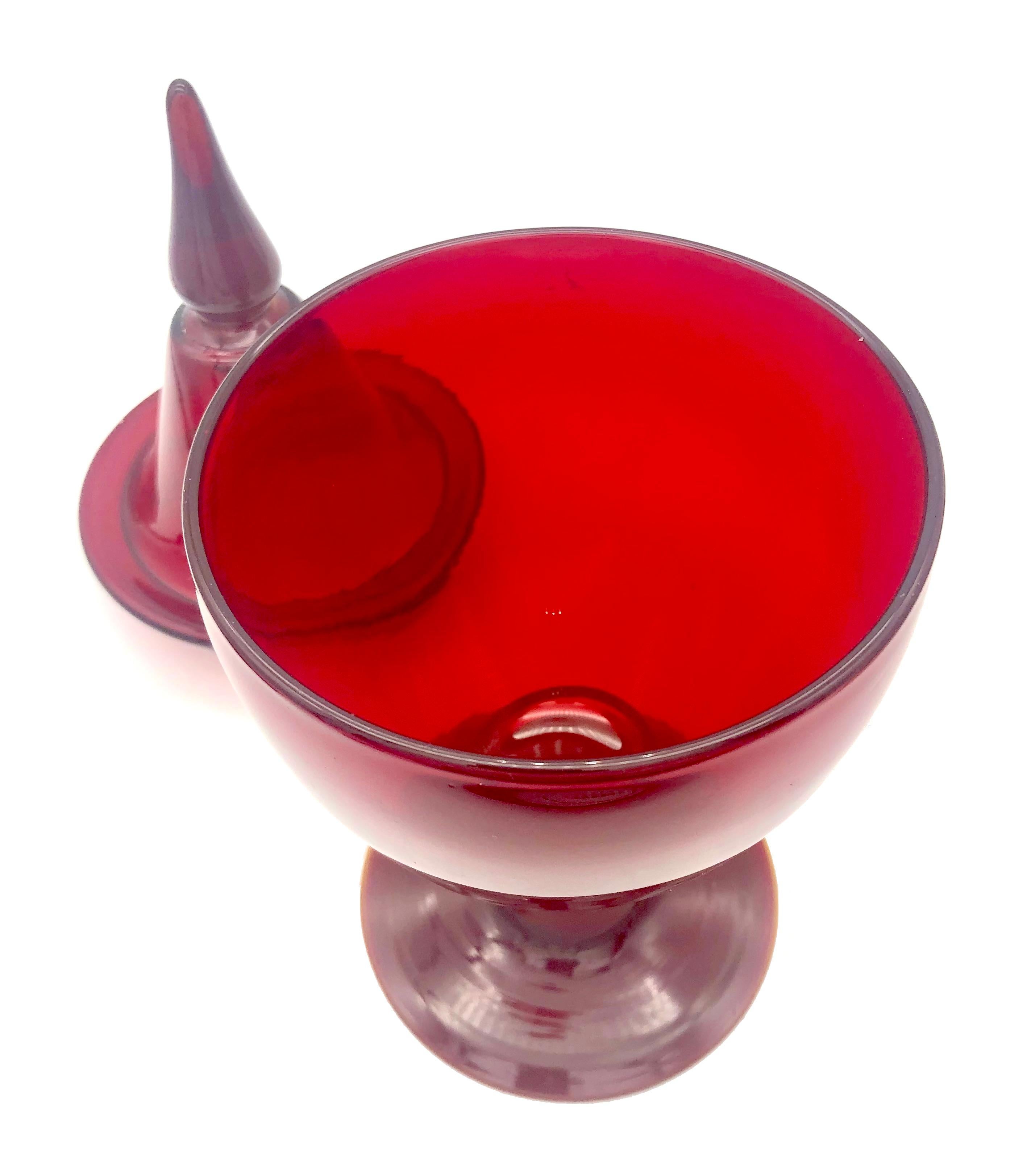 French Vintage Mid - 20th Century Red Glass Jar With Lid Bonboniere lidded glass vessel For Sale