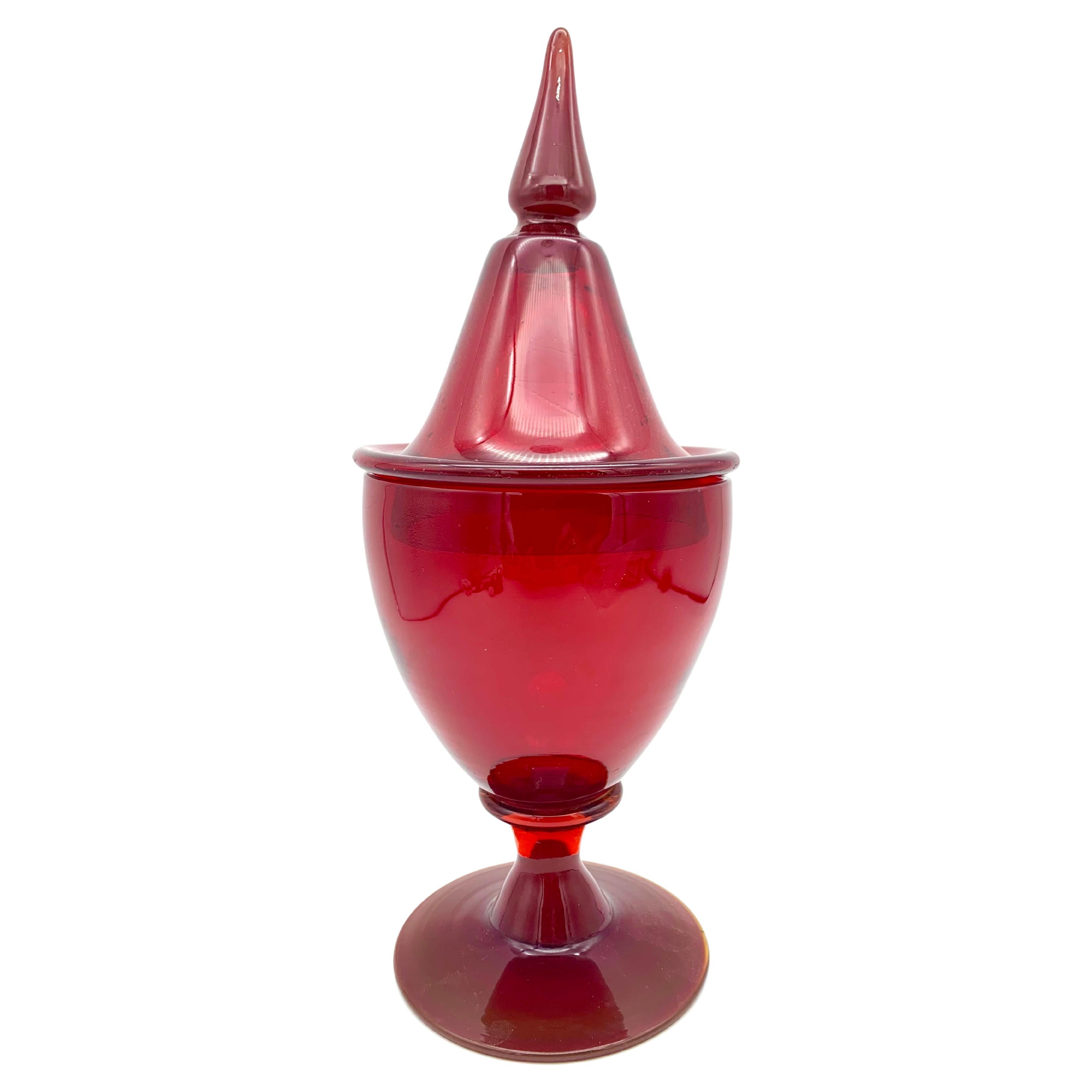 Vintage Mid - 20th Century Red Glass Jar With Lid Bonboniere lidded glass vessel For Sale