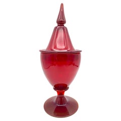 Retro Mid - 20th Century Red Glass Jar With Lid Bonboniere lidded glass vessel