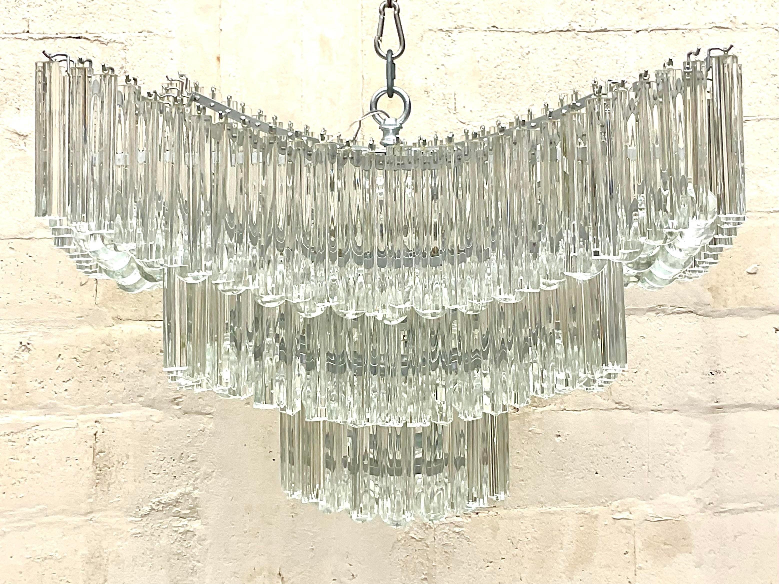 Vintage Mid 20th Century Regency Crystal Rod Chandelier After Venini In Good Condition For Sale In west palm beach, FL