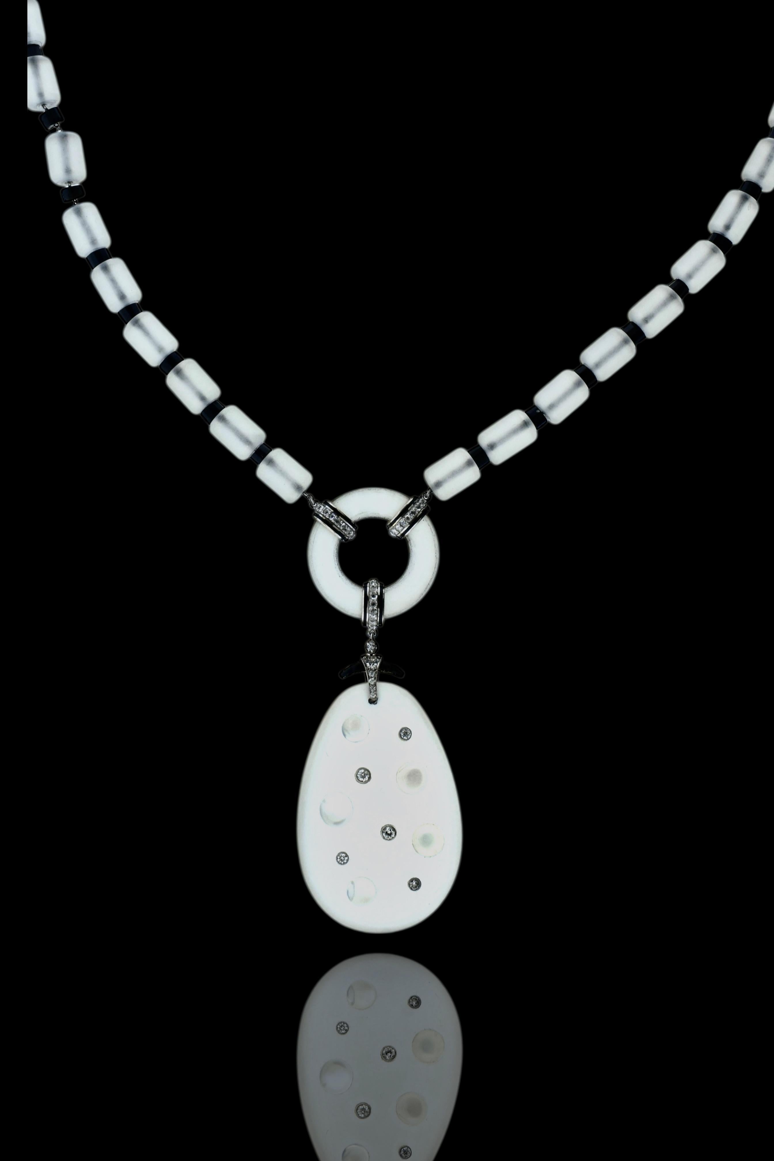 da uomo o donna Sautoir d'epoca della metà del XX secolo in cristallo di rocca, diamanti e onice in vendita