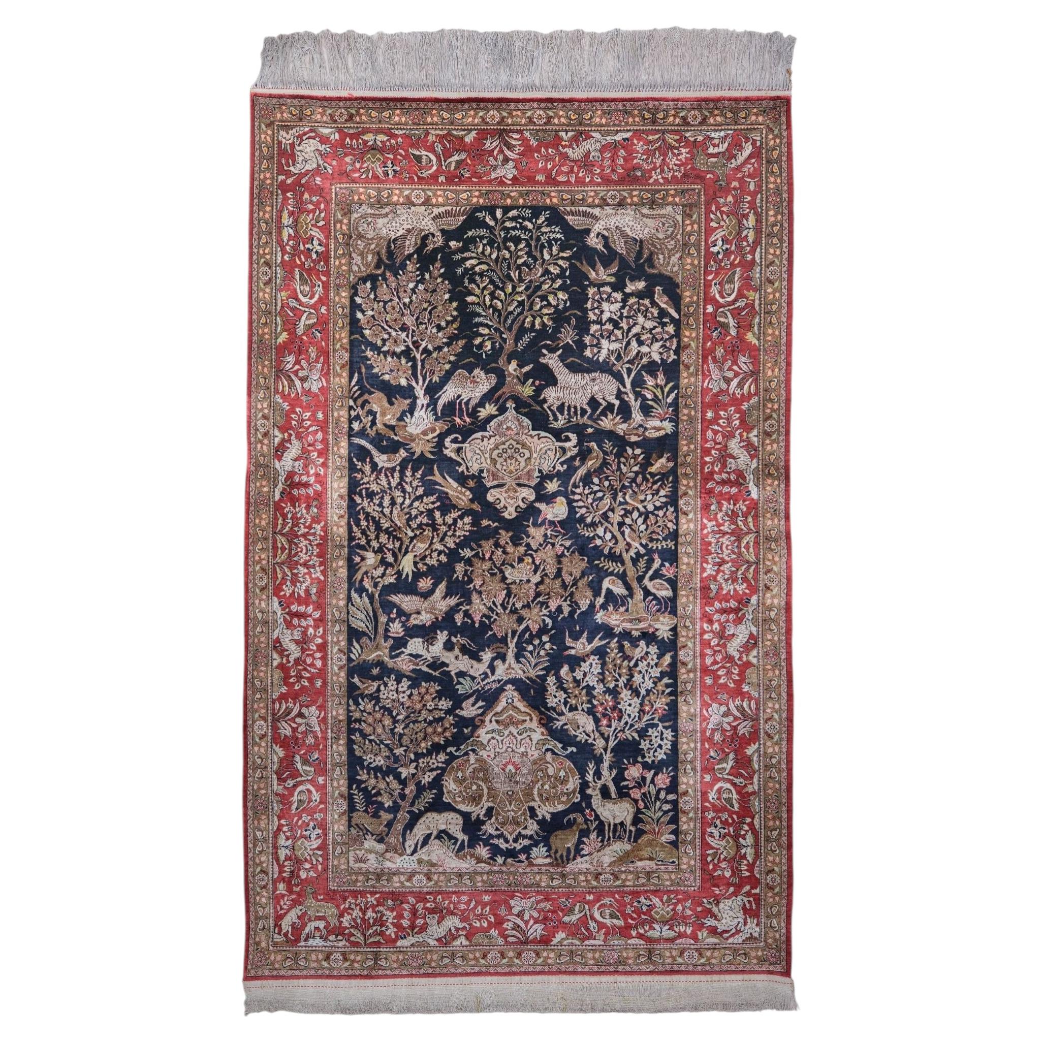 Vintage Mid 20th Century Silk Animal and Tree Design Carpet For Sale