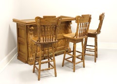 Mid 20th Century Solid Oak Bar with Paw Feet and 3 Barstools