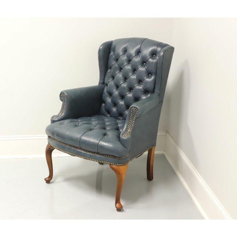American Mid 20th Century Vintage Tufted Blue Leather Queen Anne Wing Chair
